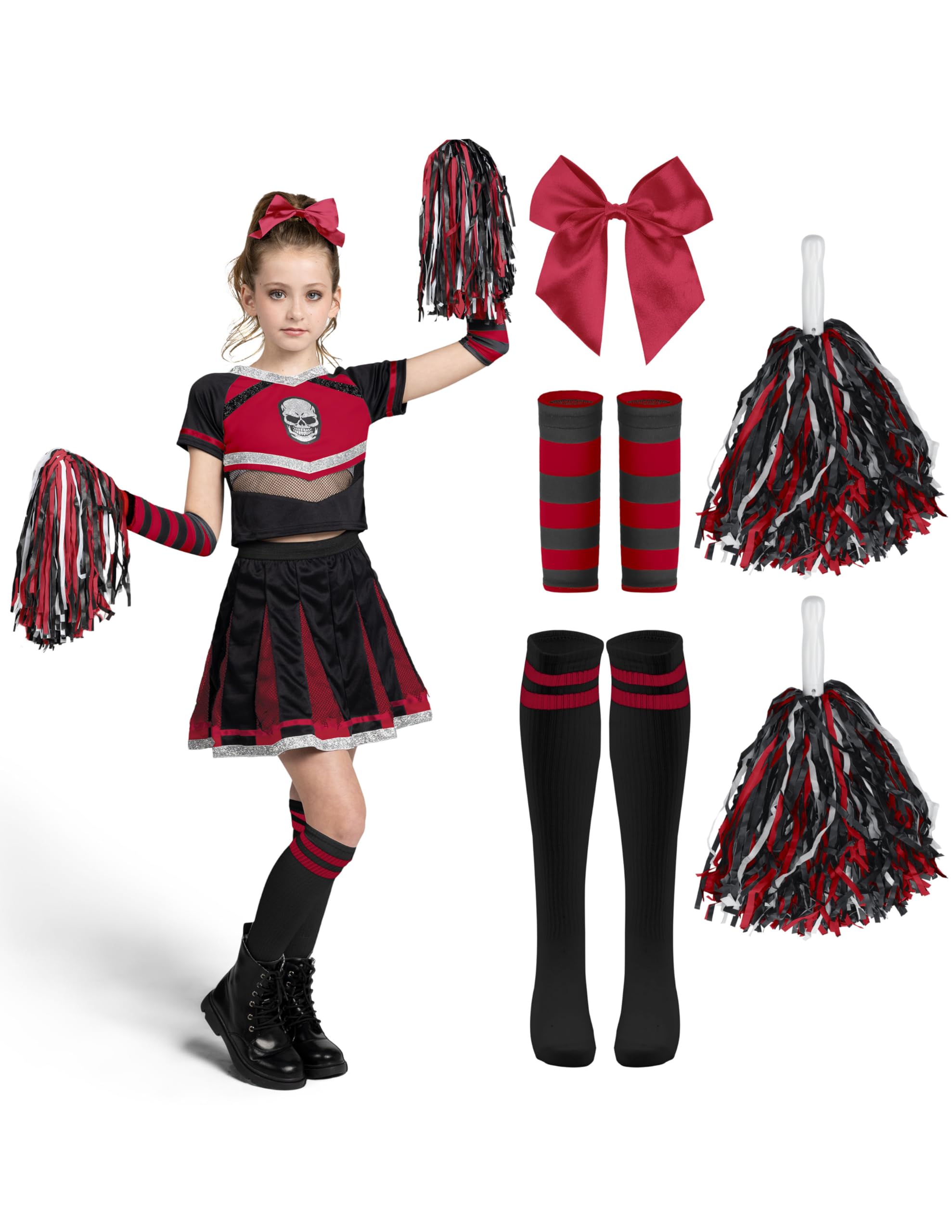 Spooktacular Creations Halloween Cheerleader Costume Girls, Bad Spirit Costume for Kids, Skull Scary Outfit with Accessories