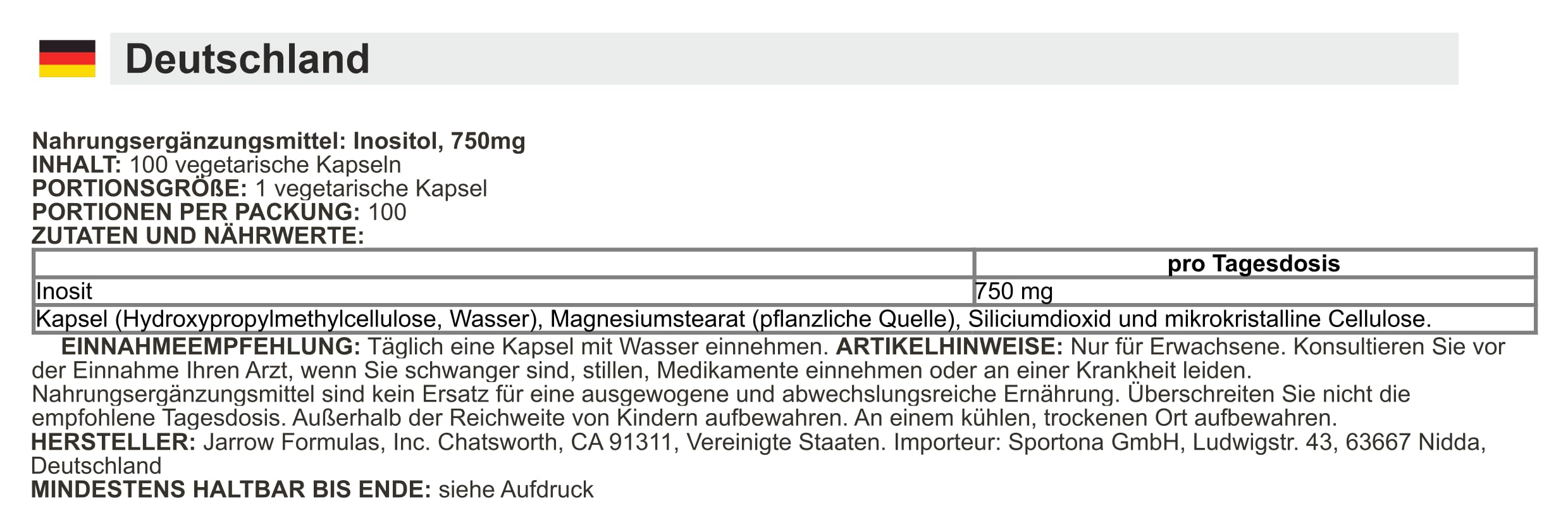 Jarrow Formulas - Inositol 750 mg | Unterstützung für das Nervensystem und die Stimmung - 100 Veggie-Kapseln