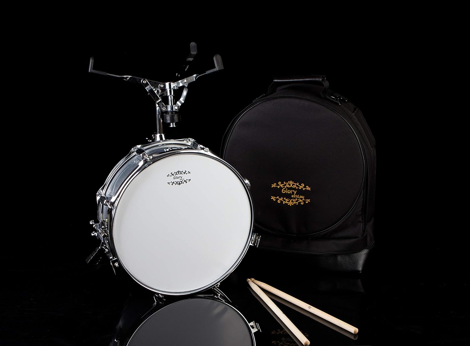 Glory Snare Drum Set With Case, Snare Drum Stand, Sticks, Practice Pad and Strap, for Beginners and Students,-Silver Color