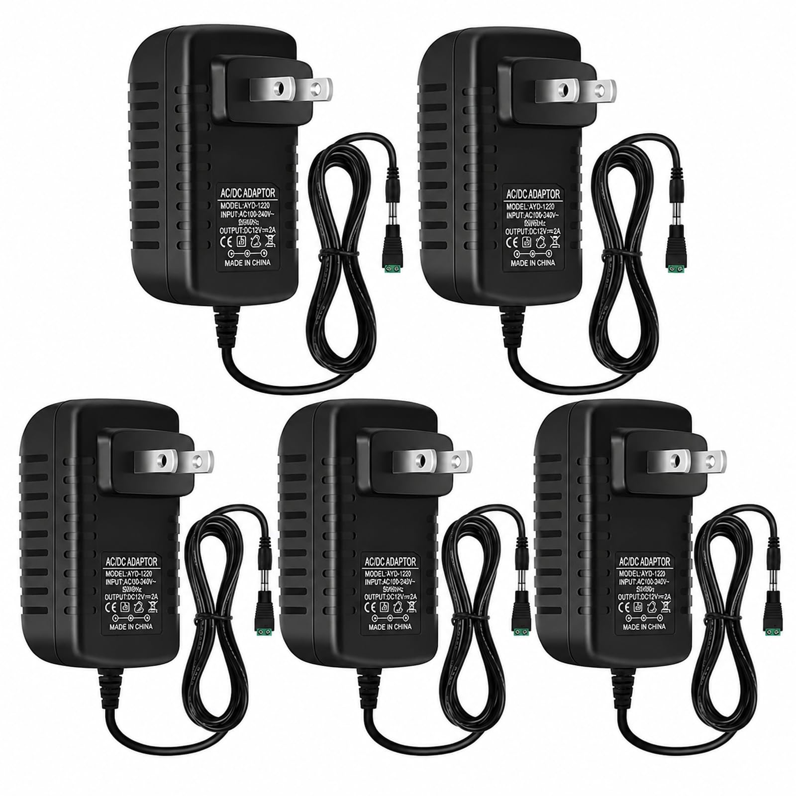 12V 2A Power Adapter 5 Pack, AC 100-240V to DC 12V 24W Power Supply with 5.5mm x 2.1mm Center Positive DC Plug, LED Transformer for LED Strip Light, Under Cabinet Lighting, LED Signs, Display Lighting