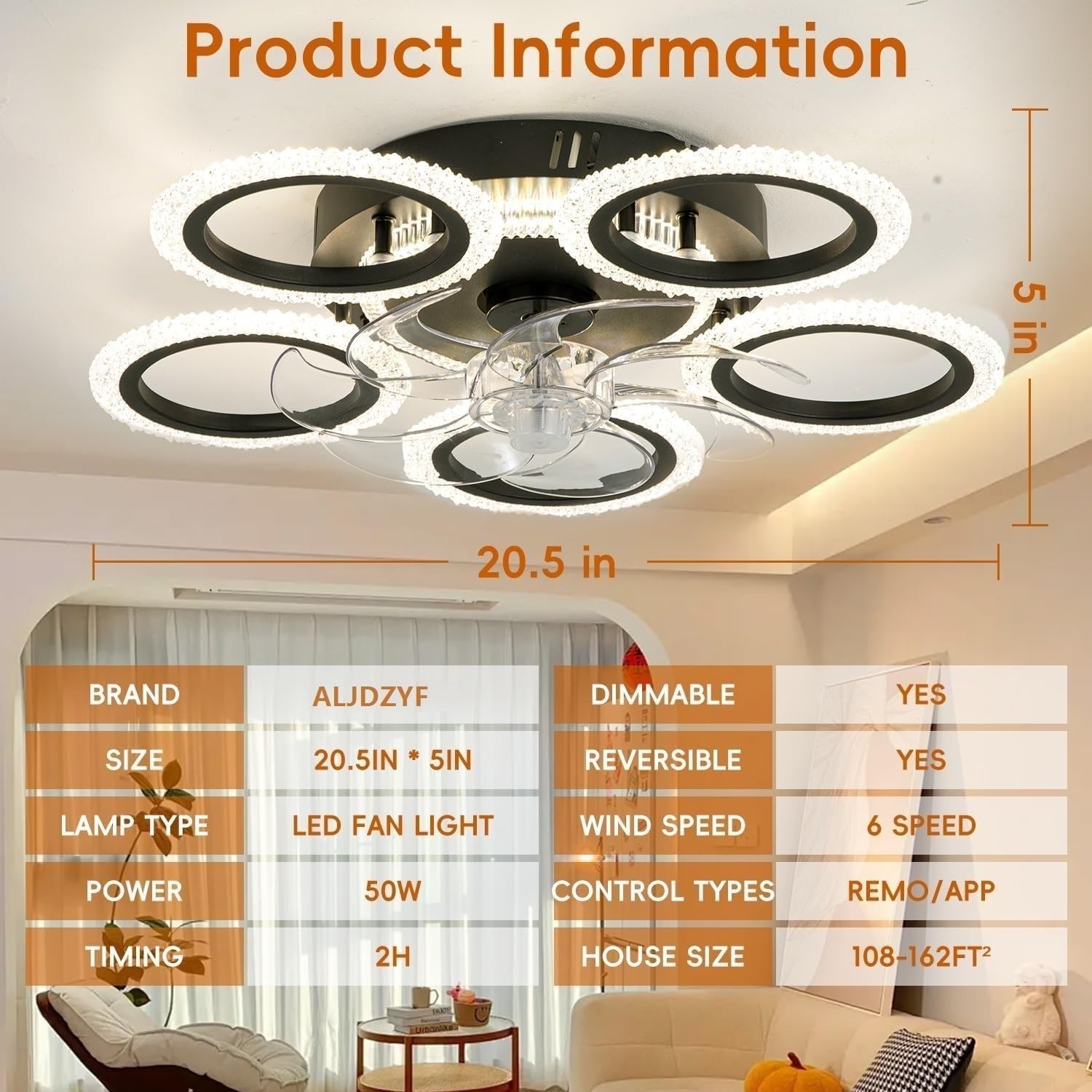 21 Inch Smart Ceiling Fan with Light, DC Motor Remote Control, 6-Speed Quiet Reversible Dimmable LED Light, 3 Color Temperatures for Bedroom Living Room(Black)