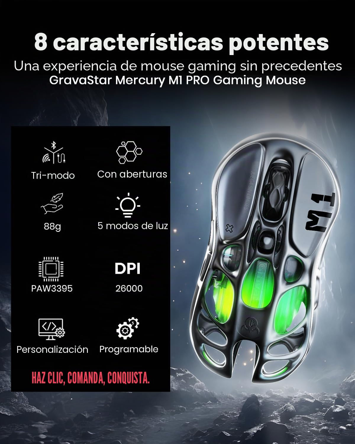 GravaStar Mercury M1 Pro Ratón inalámbrico para Juegos, Ratones para Juegos MMO de aleación de magnesio, 26.000 dpi, Diseño Hueco Ligero de 88 g, 5 Botones programables, 5 Modos RGB, Gris plomizo