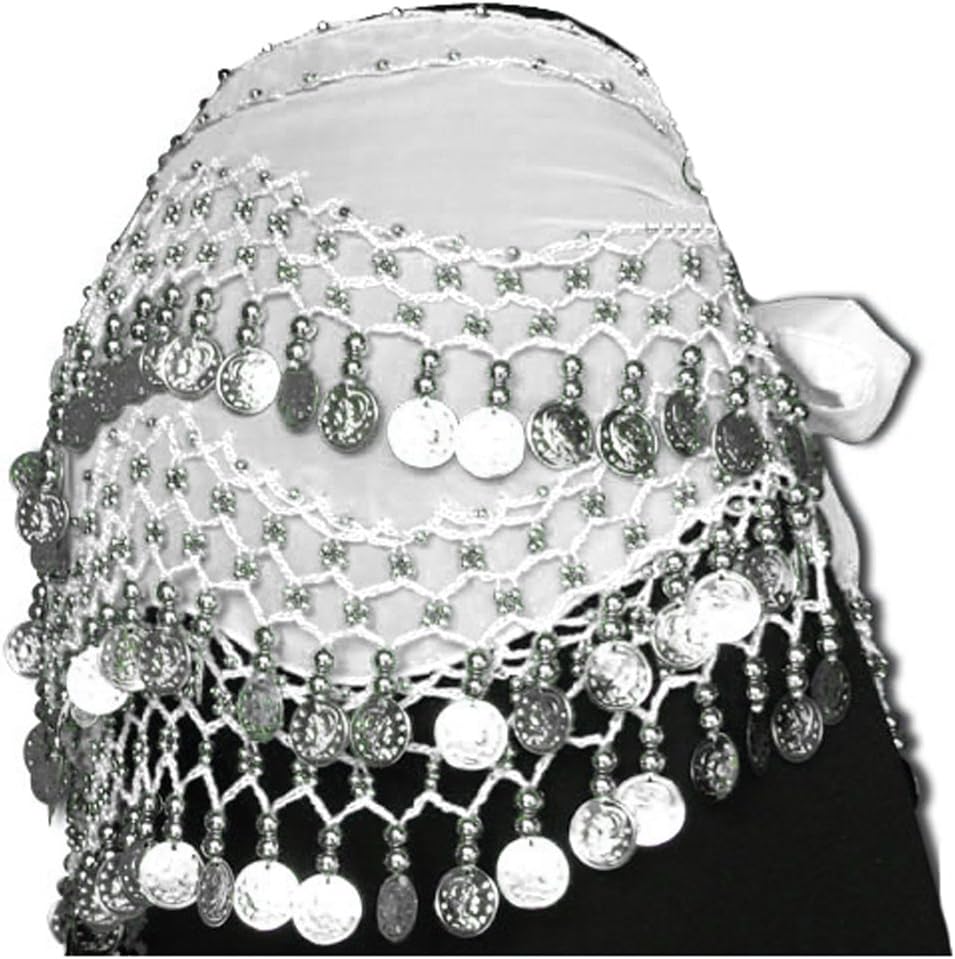 White Belly Dance Wrap Hip Scarf Belt With Silver Coins