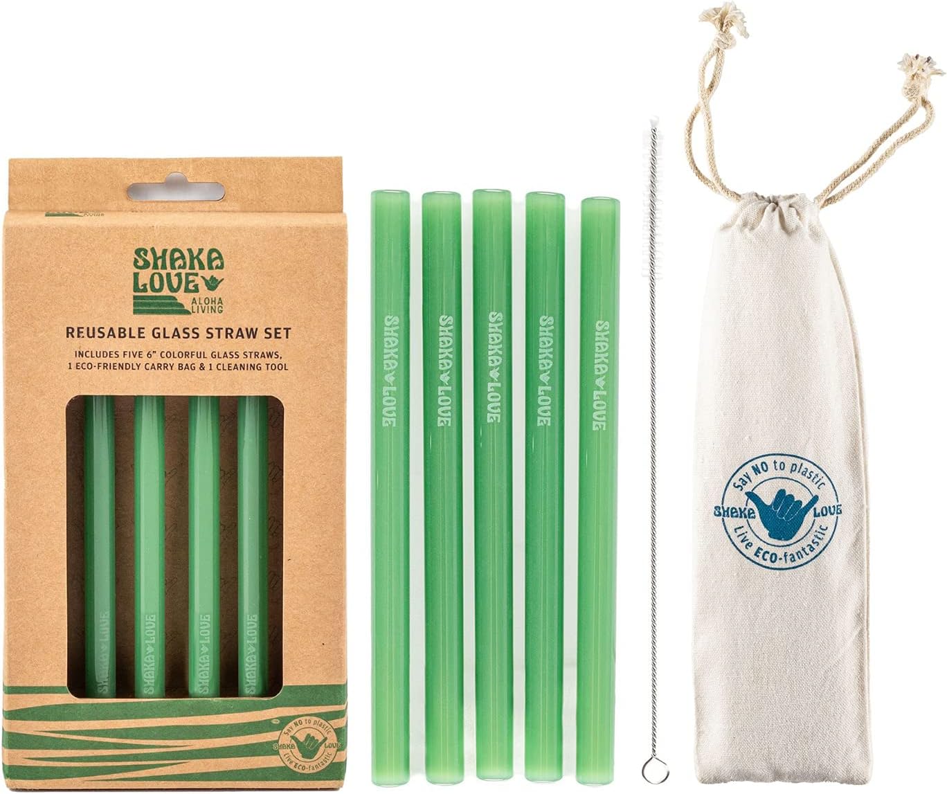 Reusable Glass Drinking Straw Set- Stylish, Durable, Shatter-Resistant - Set of 5 Colorful Green Glass Drinking Straws with Cleaning Tool & Travel Carry Bag (Seafoam Sea Glass Green, 9)