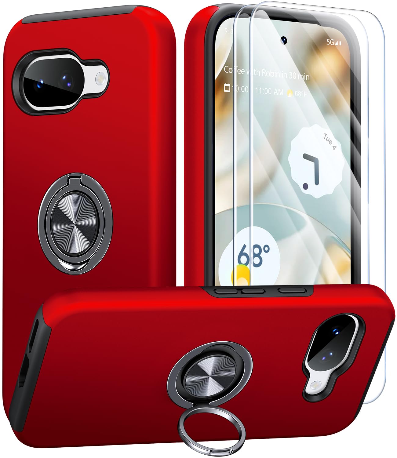 AOUIA Handyhülle für Google Pixel 10a Hülle mit 2 Stück Schutzfolie, Militärischer Schutz Stoßfest Pixel 10a Hülle mit 360° Drehbarem Ring Kickstand, Rot