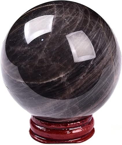 AMOYSTONE Esfera de adivinación de bola de piedra lunar negra con soporte de madera, bola decorativa, esfera de cristales curativos naturales para