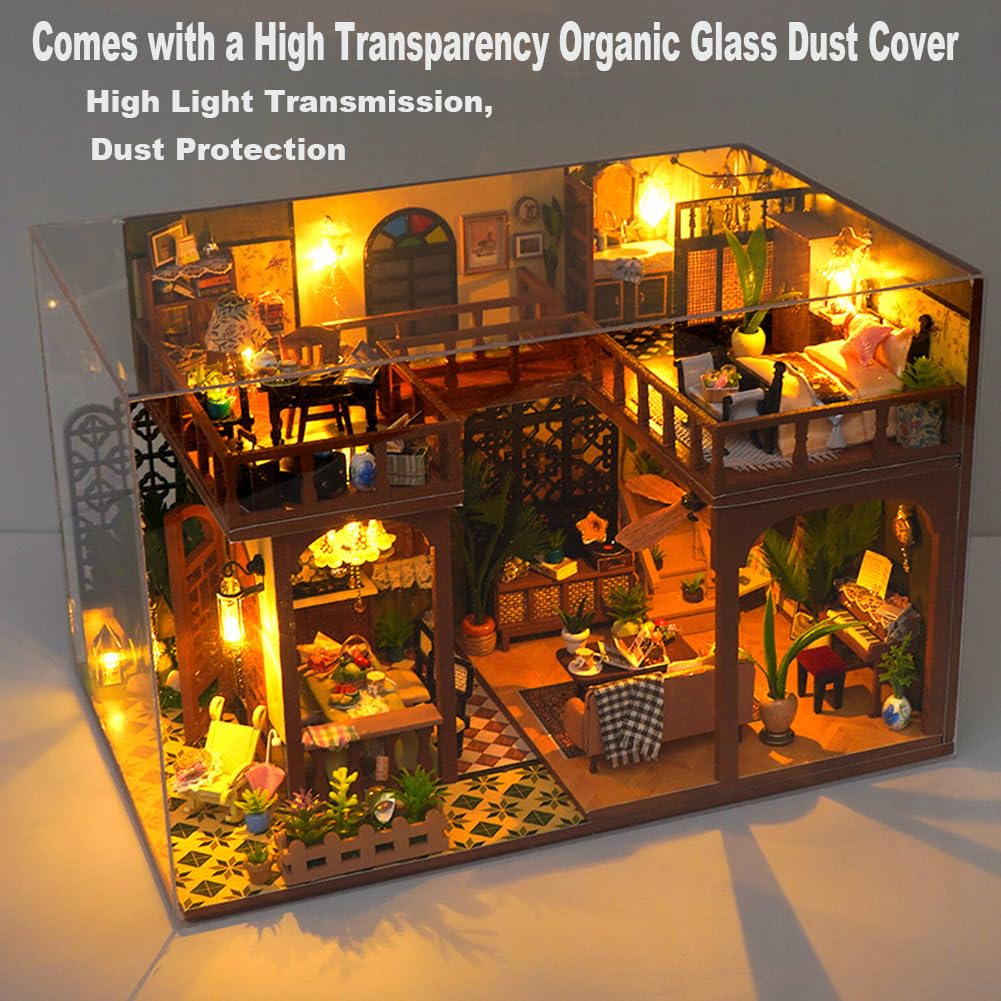 Cjeuxnr DIY Miniature Dollhouse Kit with Furniture, 1:24 Scale Creative Room Mini Wooden Doll House Accessories Plus Dust Proof & Music for Birthday Gift