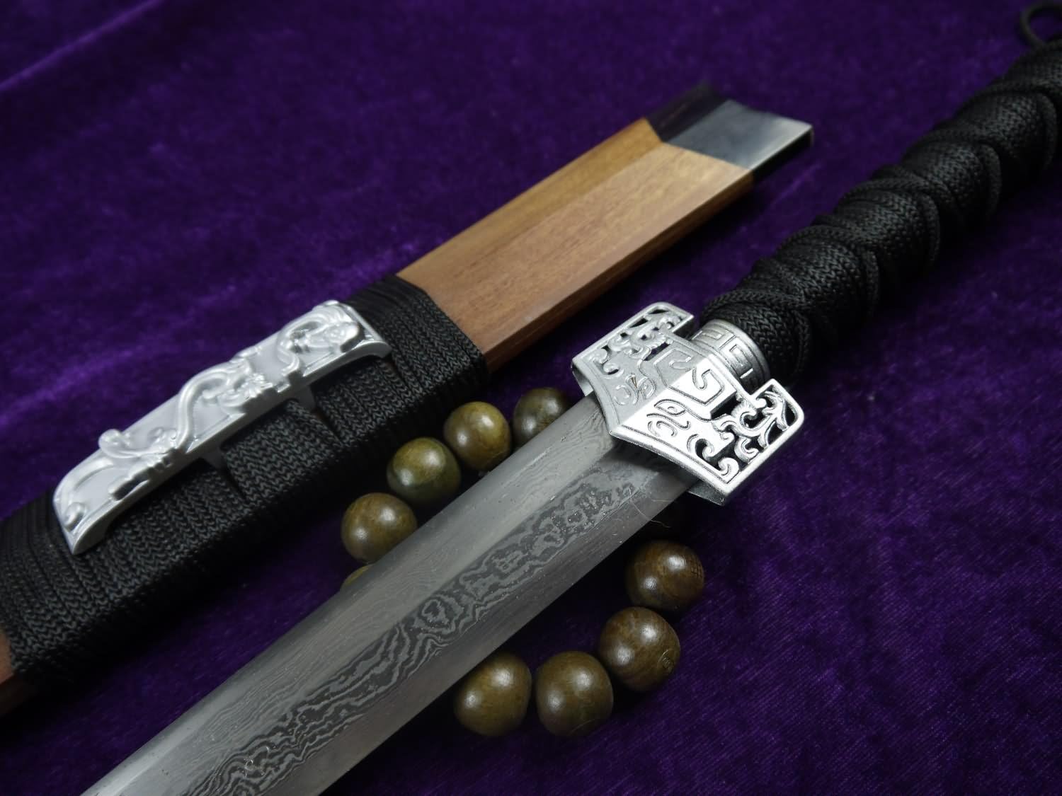 Chinese Sword/Han jian/Damascus Steel Eight Side Blade/Acid Wooden Scabbard/Silver zinc Alloy Material/Stretch Black Slip Rope Handles/Length 39"