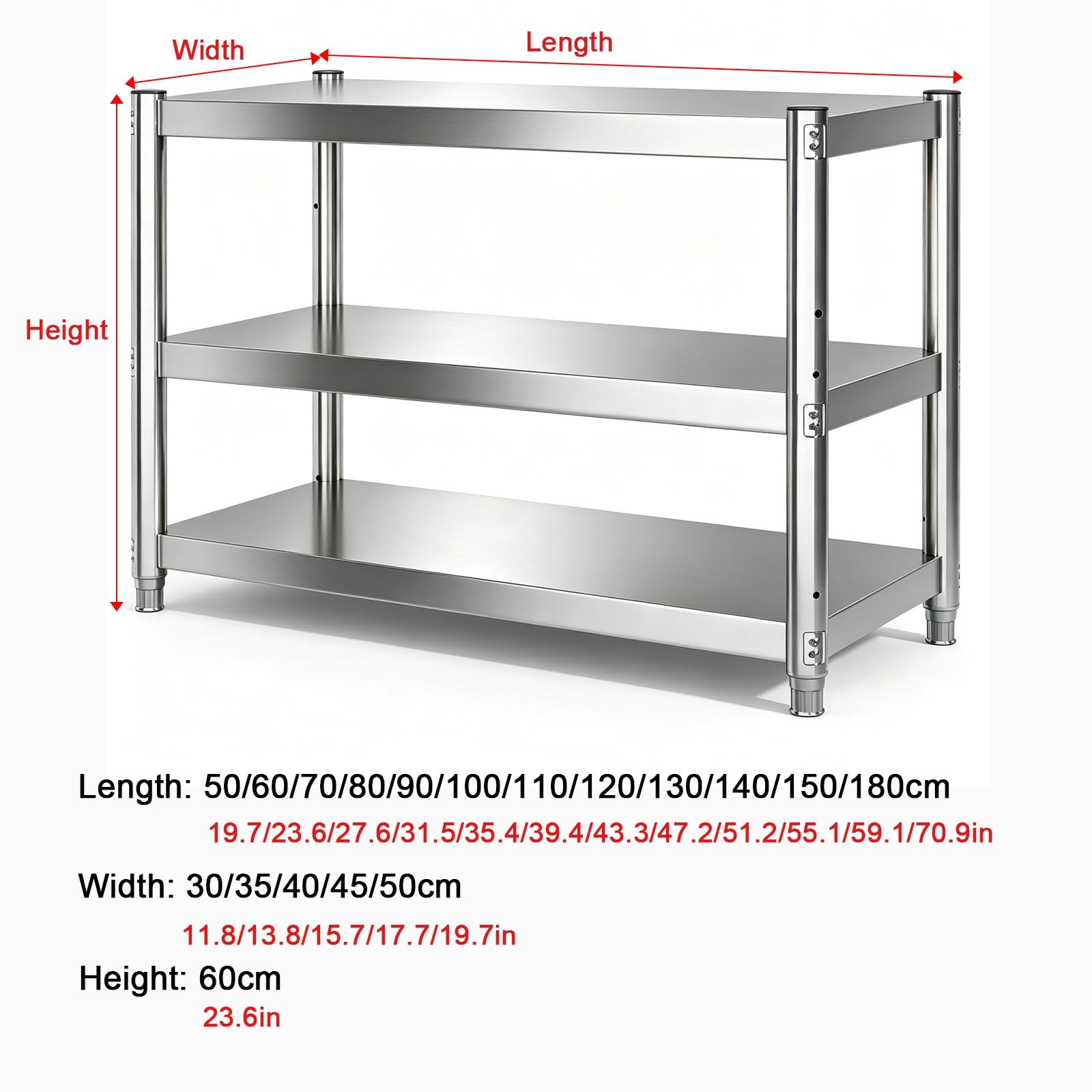 Mesa Multiuso de Acero Inoxidable, Prep Tabla Doble Nivel | Soporte Inferior Reforzado, Altura Ajustable 3 Niveles, Superficie Limpia(50x40cm/19.7x15.7in)