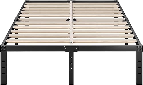Cleaniago Marco de cama de plataforma de metal tamaño queen, listones de madera, 14 pulgadas de alto, no necesita somier, marcos de cama de madera
