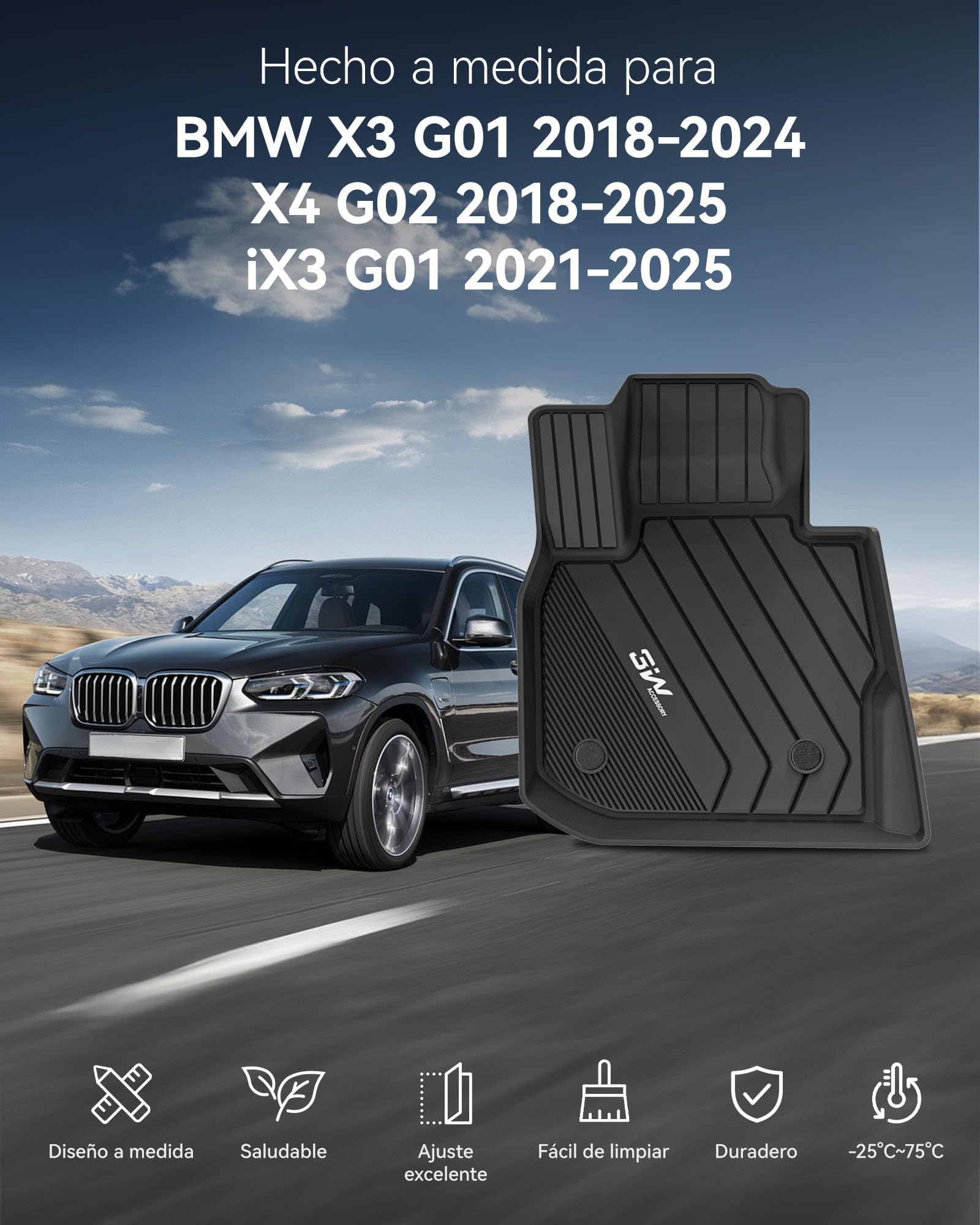 3W Alfombrillas de Coche Compatible con BMW X3 G01 2019-2024/X4 G02 2019-2025/iX3 2021-2024, TPE Alfombrillas para Todo Tipo de Clima para X3/X4/iX3 la 1ª y 2ª Filas Juego Completo Pies, Accesorios