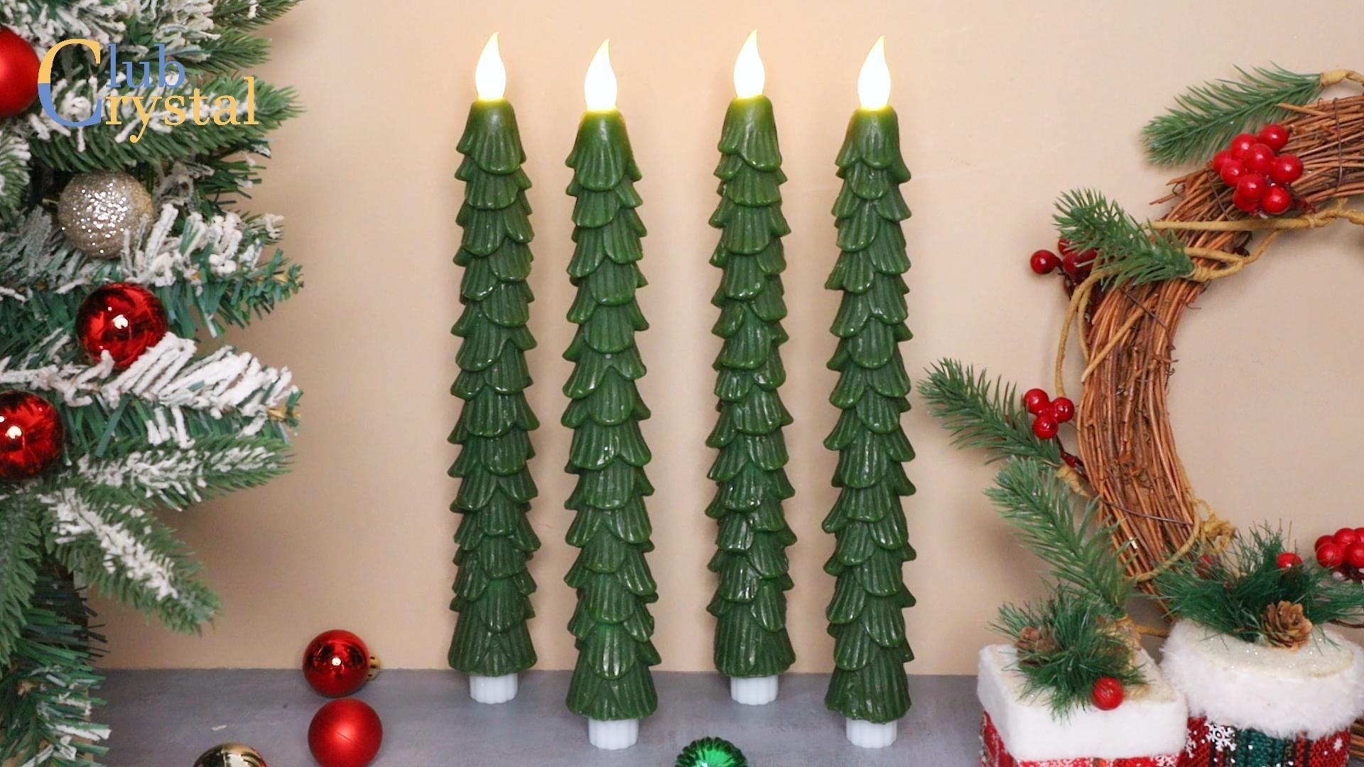 Image of Crystal Club Christmas Tree Flameless Taper Candles, Battery Powered Candles with 3D Flickering Flame Wick & Remote Timer, Real Wax LED Taper Candlesticks for Holiday Christmas Decor, Set of 4