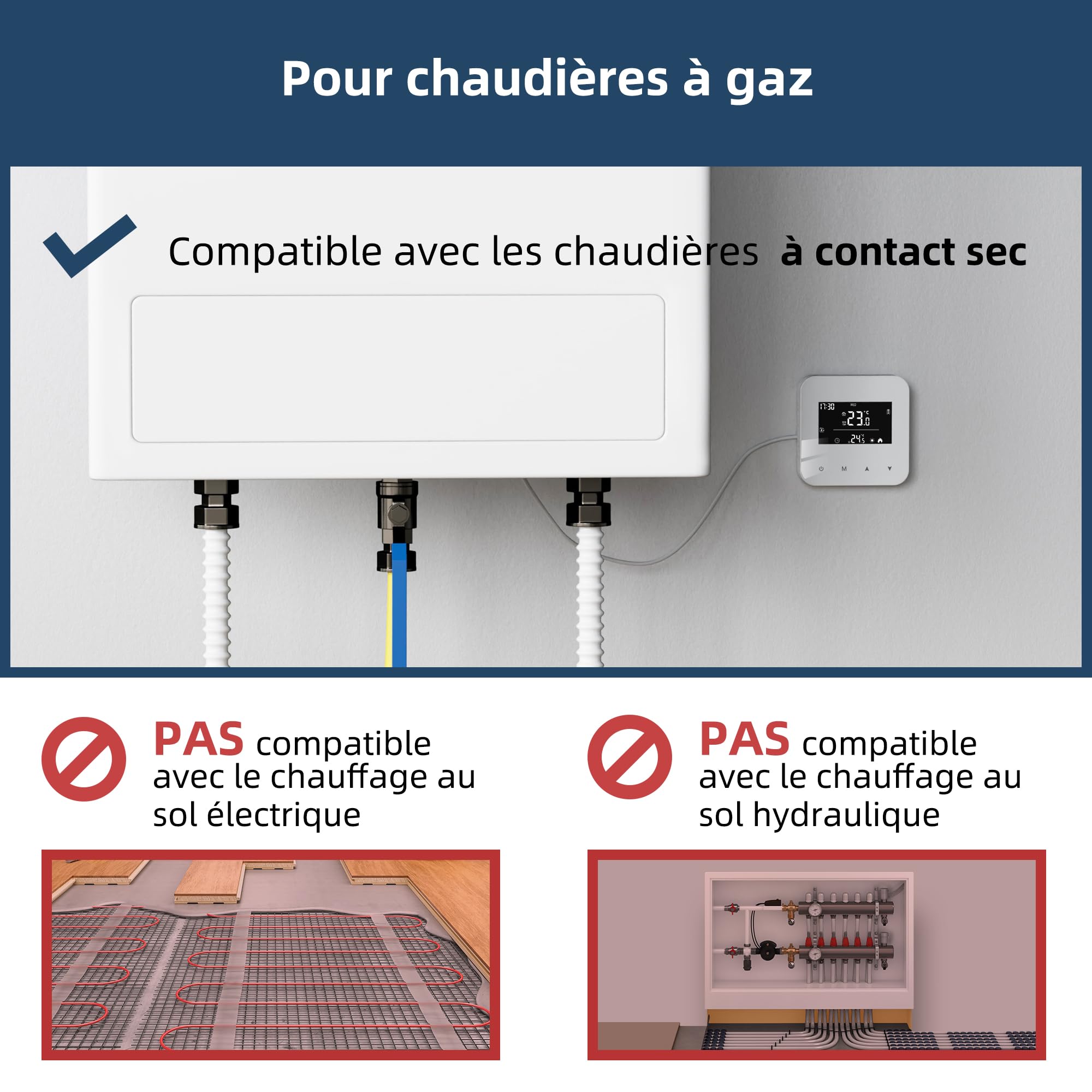 Beok Thermostat à Piles pour chaudière à gaz,Thermostat Mural à 2 Fils,Thermostats à Programmation Quotidienne,Thermostats d'ambiance,Alimentation par Batterie ou USB(Pile Non Incluse)