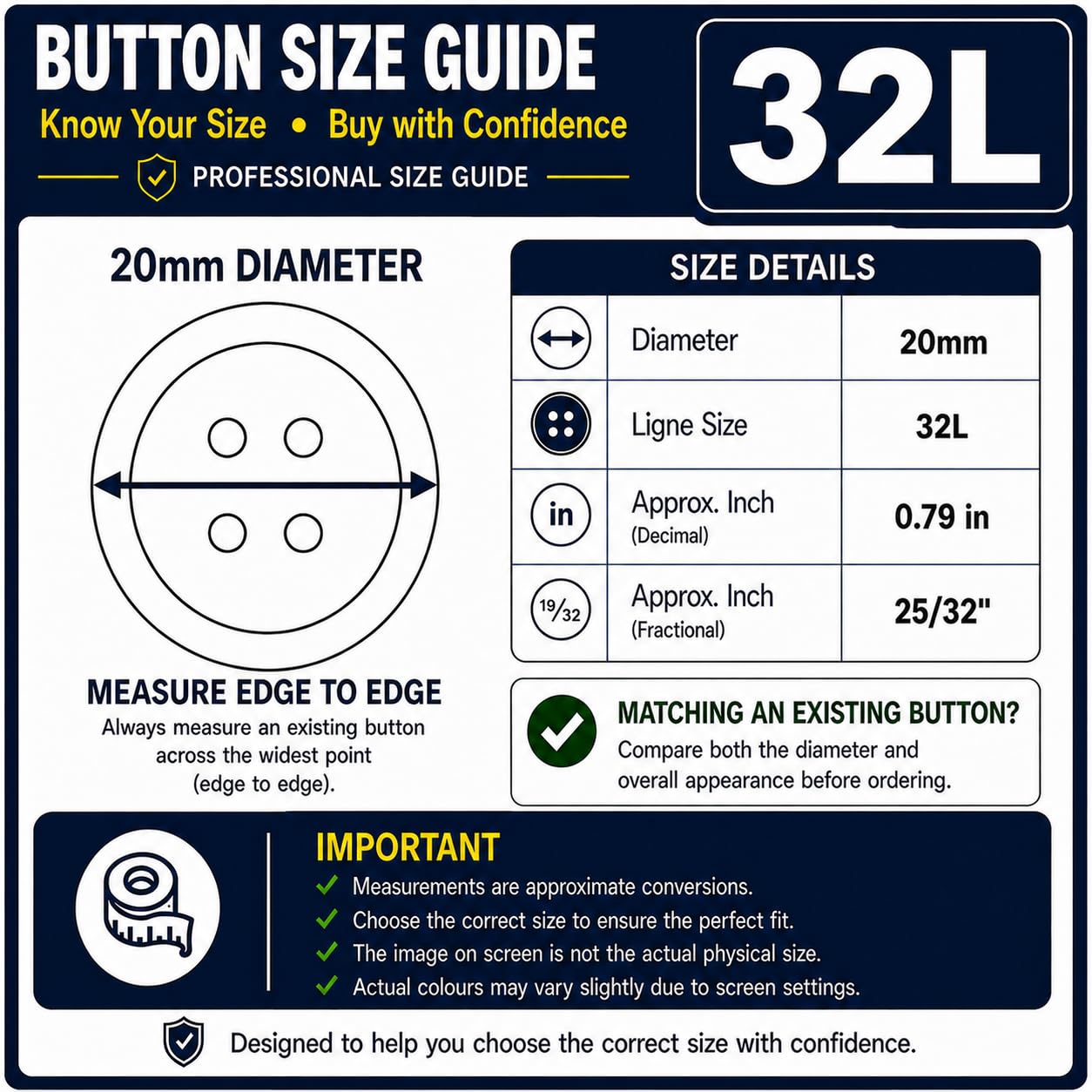 Confezione da 10 bottoni rotondi in plastica blu scuro da 20 mm, da cucire, per cappotti, giacche, maglieria, cardigan, piatti, 4 fori, 32 l