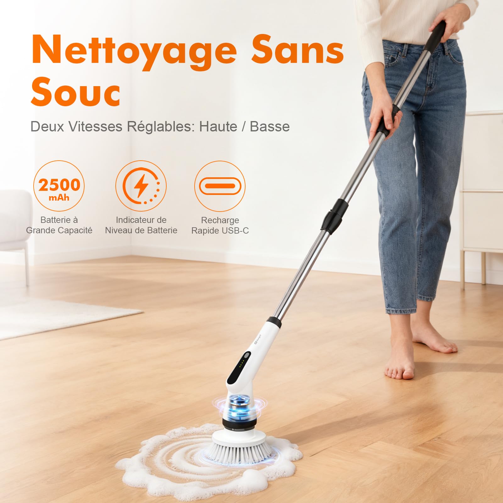 Ibergrif Brosse de Nettoyage Électrique Rotative 6 en 1, Brosse sans Fil pour Salle de Bain, Carrelage, Douche et Joints, IPX7 Étanche, Manche Télescopique Réglable