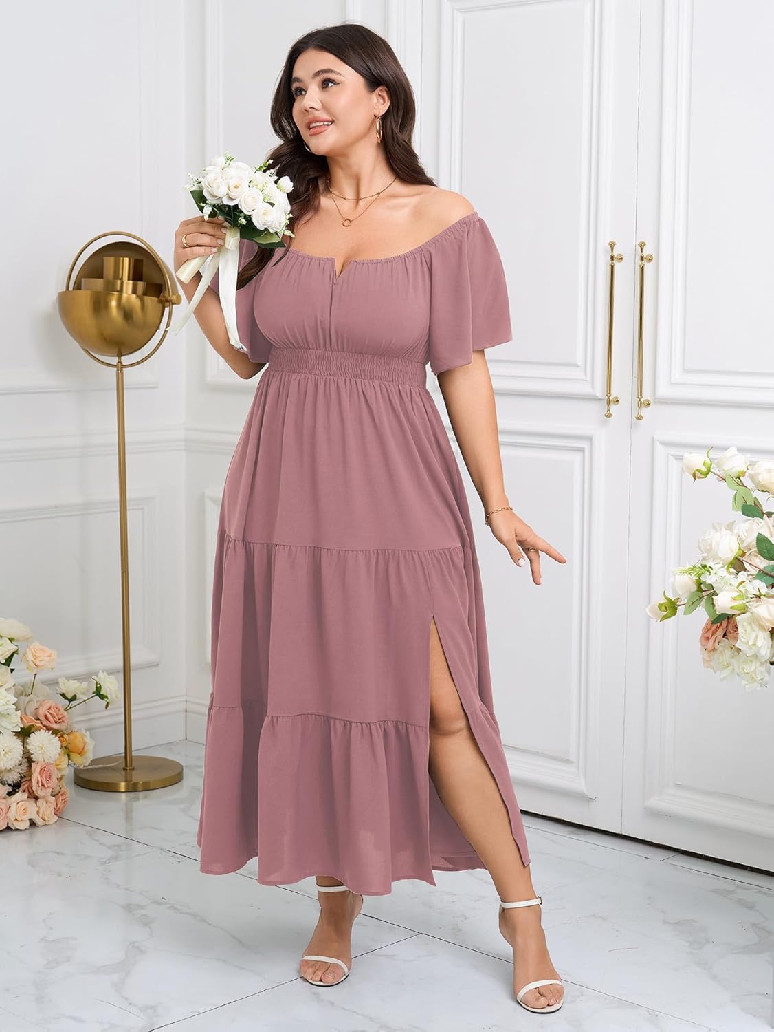 SCOMCHIC Womens Plus Size Maxi Dress Formal Short Sleeve Square Neck Smocked Side Split Flowy A Line Tiered Long Dress - Image 3