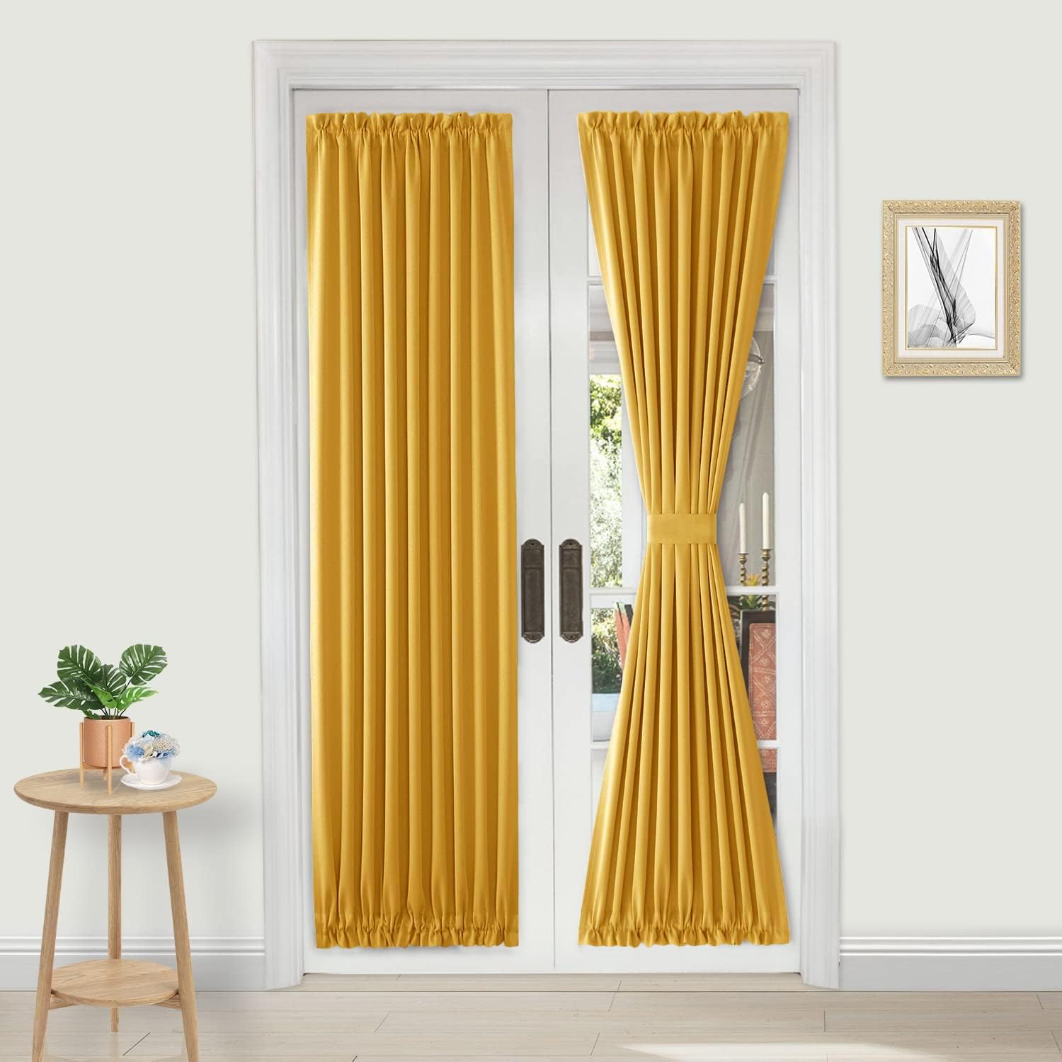 DWCN French Door Curtains – Rod Pocket Thermal Blackout Curtain for Window/Patio Doors/Doorways/Classroom/Kitchen for Privacy, 23W by 72L Inches, 1 Panel with Tieback, Yellow — image 1
