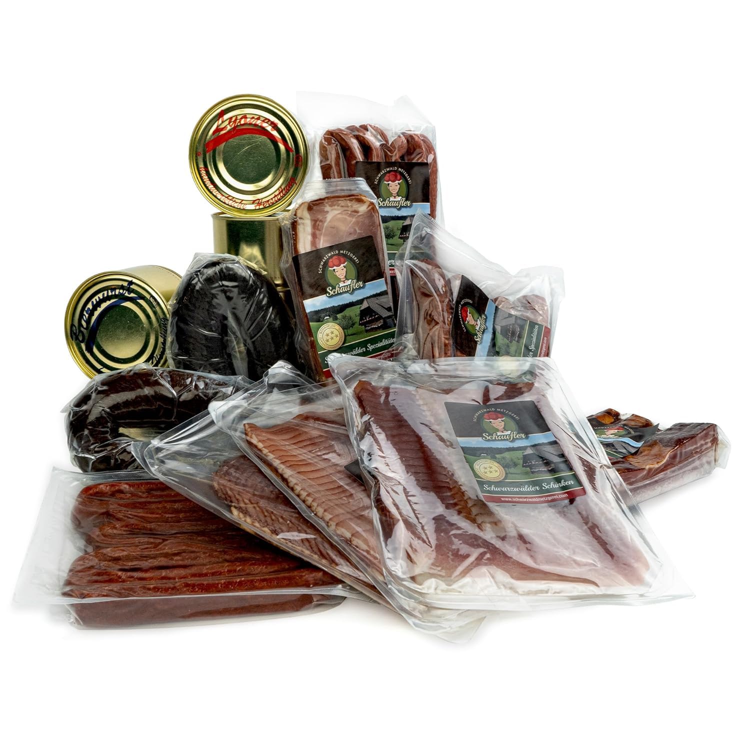 Schwarzwald Maxi Spar XXL Sortiment - 12-teiliges Set mit Dosenwurst, Bauernwurst, Schinken, Landjäger, scharfe Wurst - Paket für den Vorratsraum