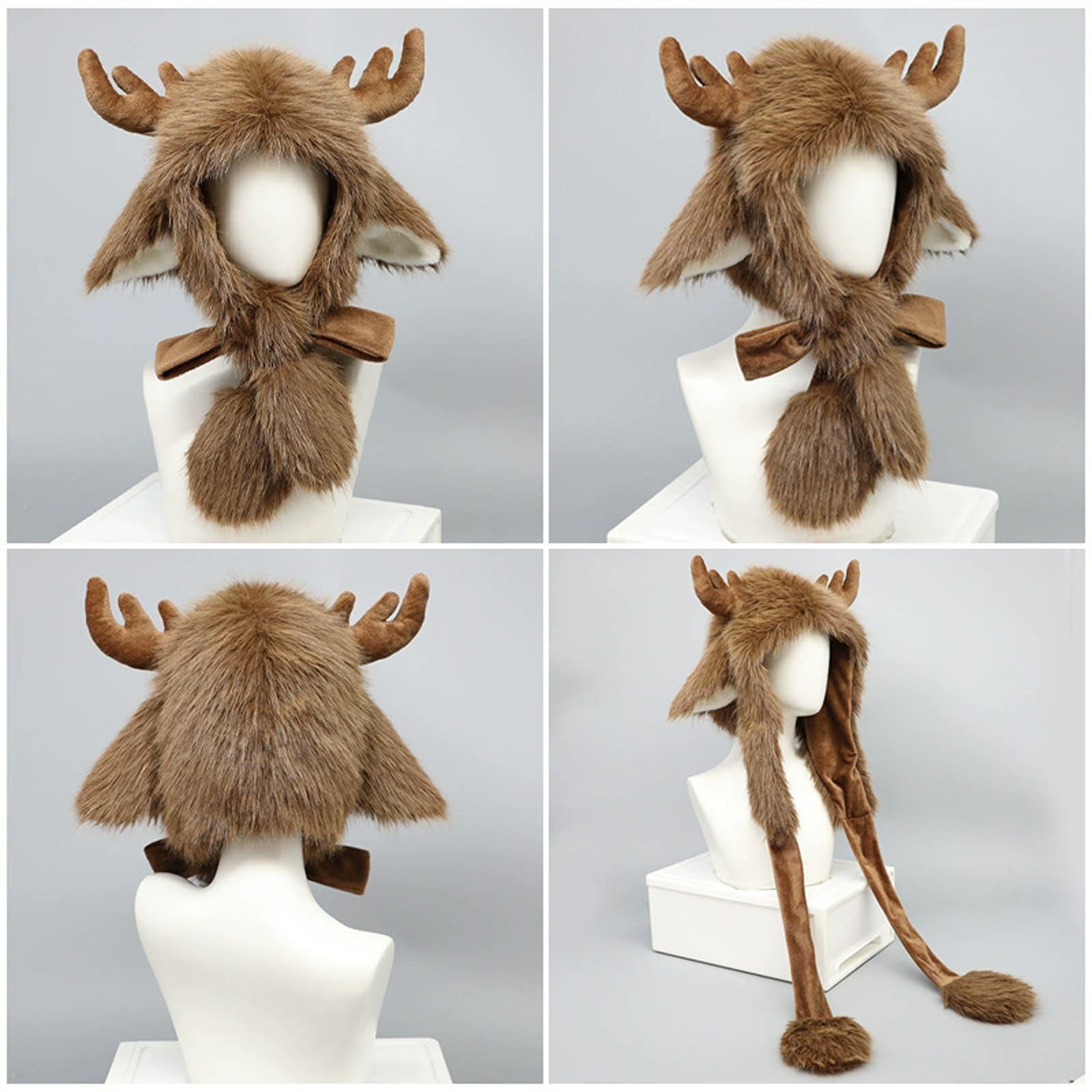 Fuzzy Faux Fur Moose Hooded Hats Men Women Teens Cosplay Halloween Lolita Elk Ear Headwear Funny Animal Theme Earflap Skull Caps Christmas Reindeer Costume Full Hood Hat Supplies - Image 3