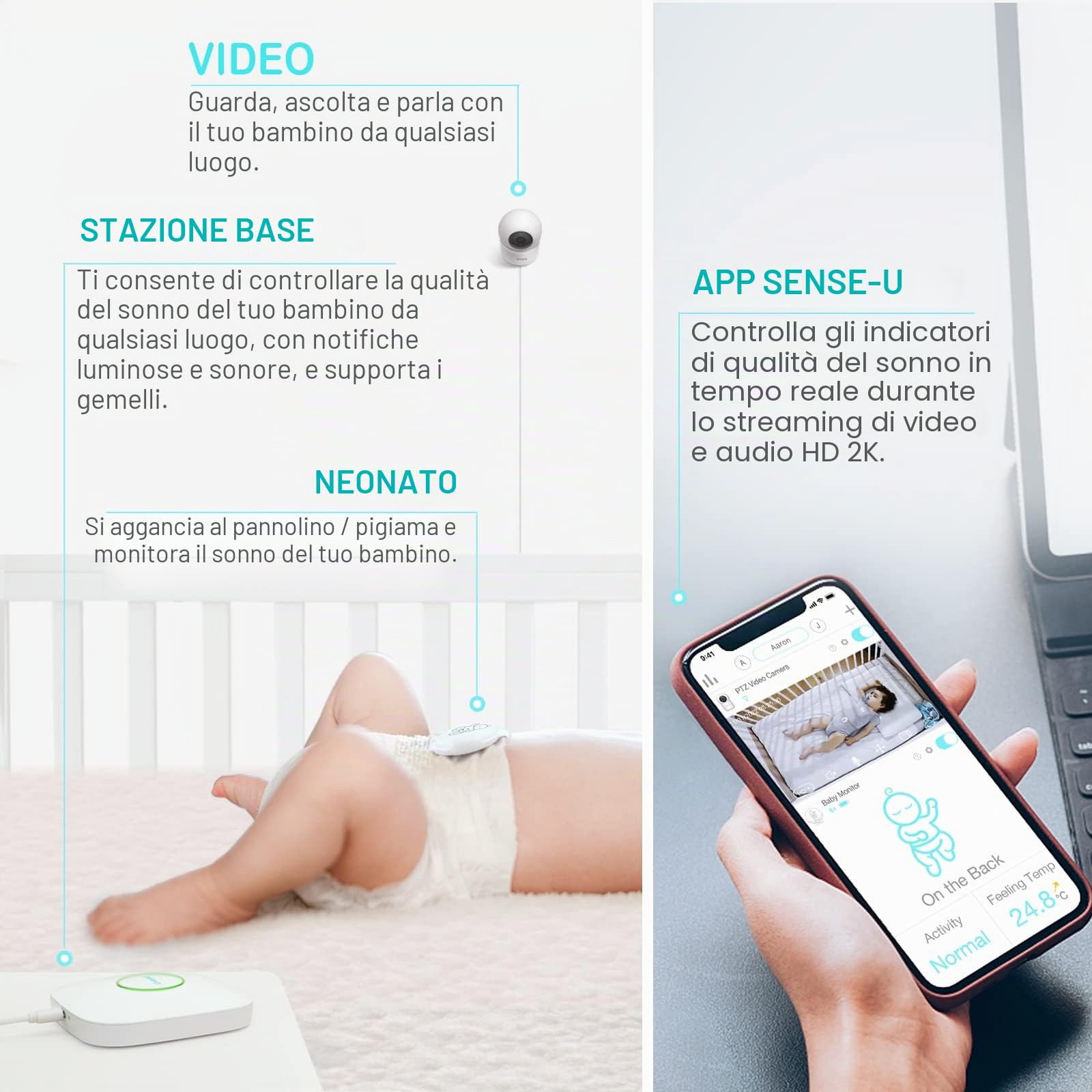 Sense-U Smart Baby Monitor 3+ Crystal Clear 2K Remote PTZ, rileva posizione sonno, Rollover, Sensori temperatura | Visione notte, conversazione bidirezionale, rilevamento