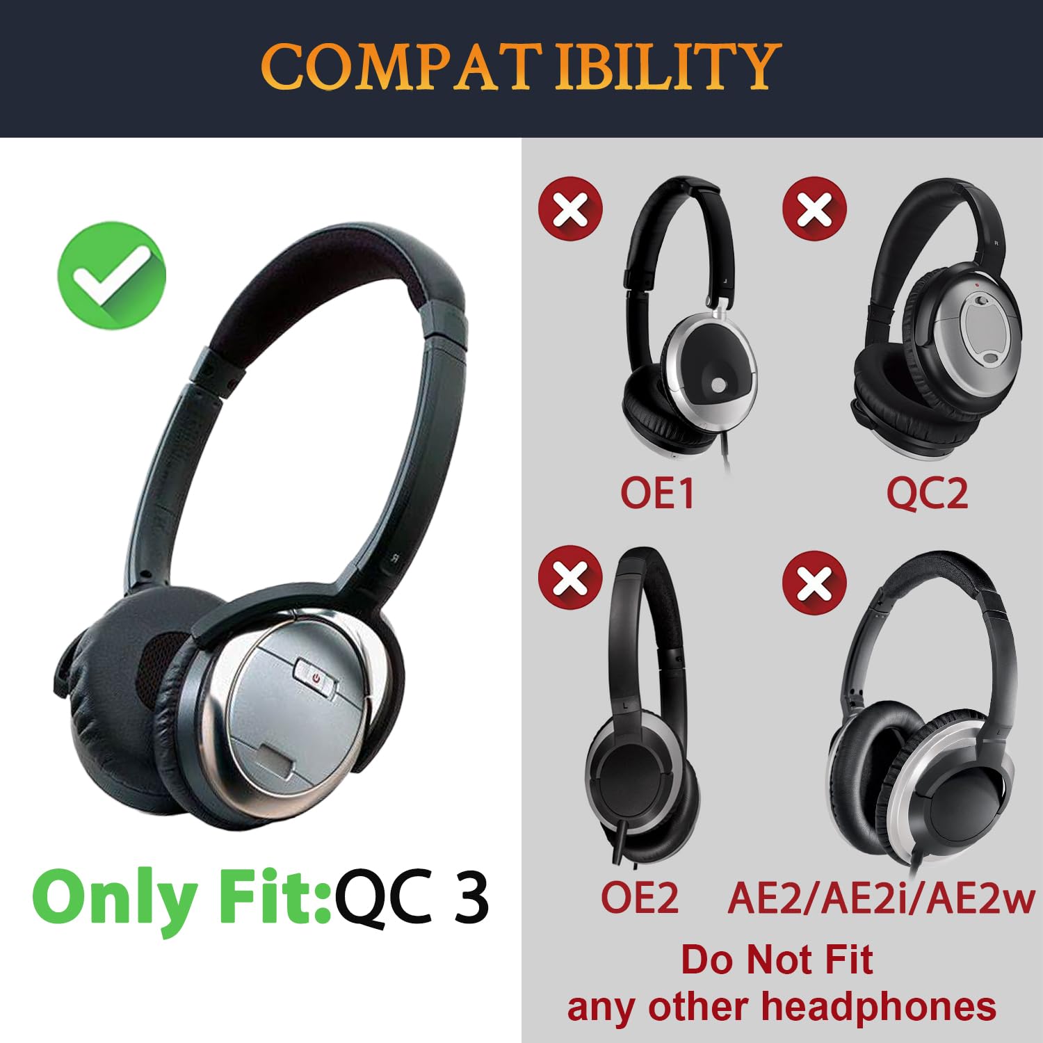 SOULWIT Almohadillas + Diadema, Kit de Repuesto para Bose QuietComfort 3 (QC3) Auriculares (No se Ajustan a OE1) - Negro