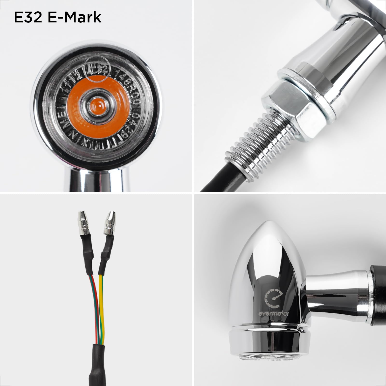 evermotor Chromowane CNC 12 V 4 szt. mini kierunkowskazów motocyklowych LED, aluminiowa powłoka z wykończeniem powierzchni, stylowa powierzchnia, wodoodporna IP67, zatwierdzony E, bursztyn