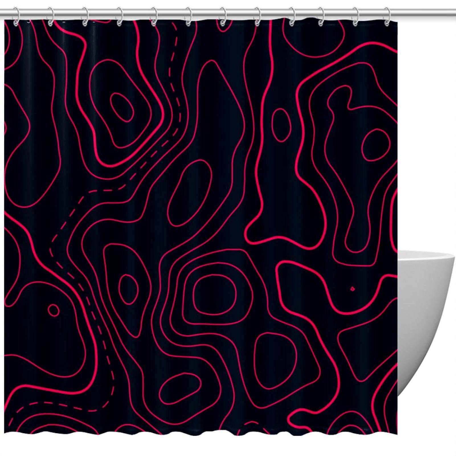 Rideau de salle de bain étanche à motif topographique rouge avec anneaux