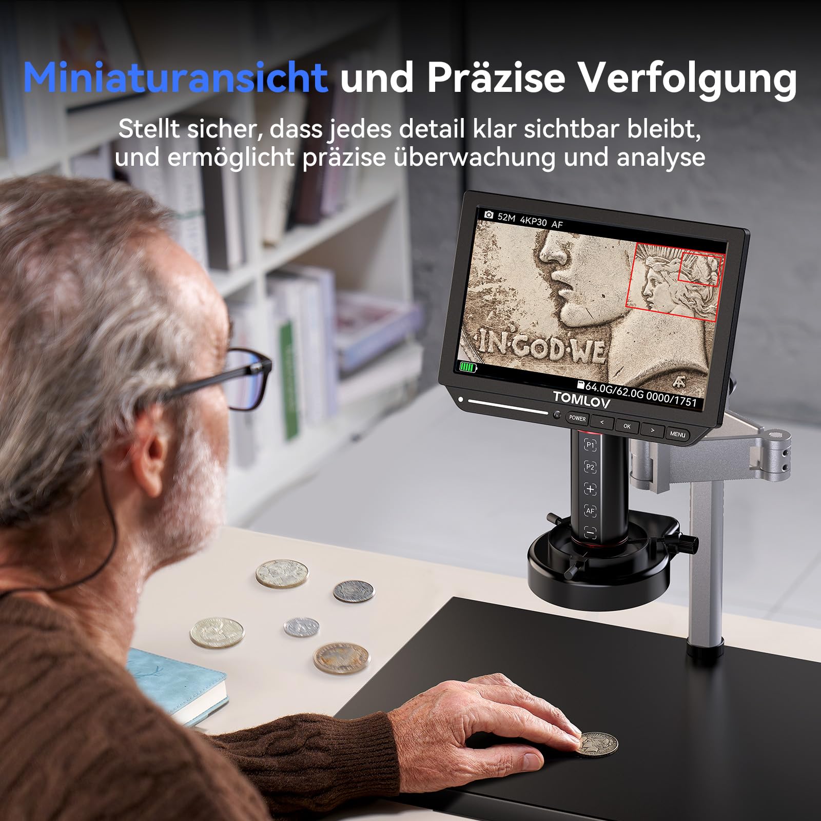 TOMLOV TM4K-AF Max Autofokus Digital Mikroskop 2000X, 4K 10,1" IPS-Schwenkarm-Lötmikroskop für Erwachsene, 52MP HDMI-Mikroskopkamera für Münzen und Löten, mit Ringlicht, PC/TV-kompatibel, 64GB