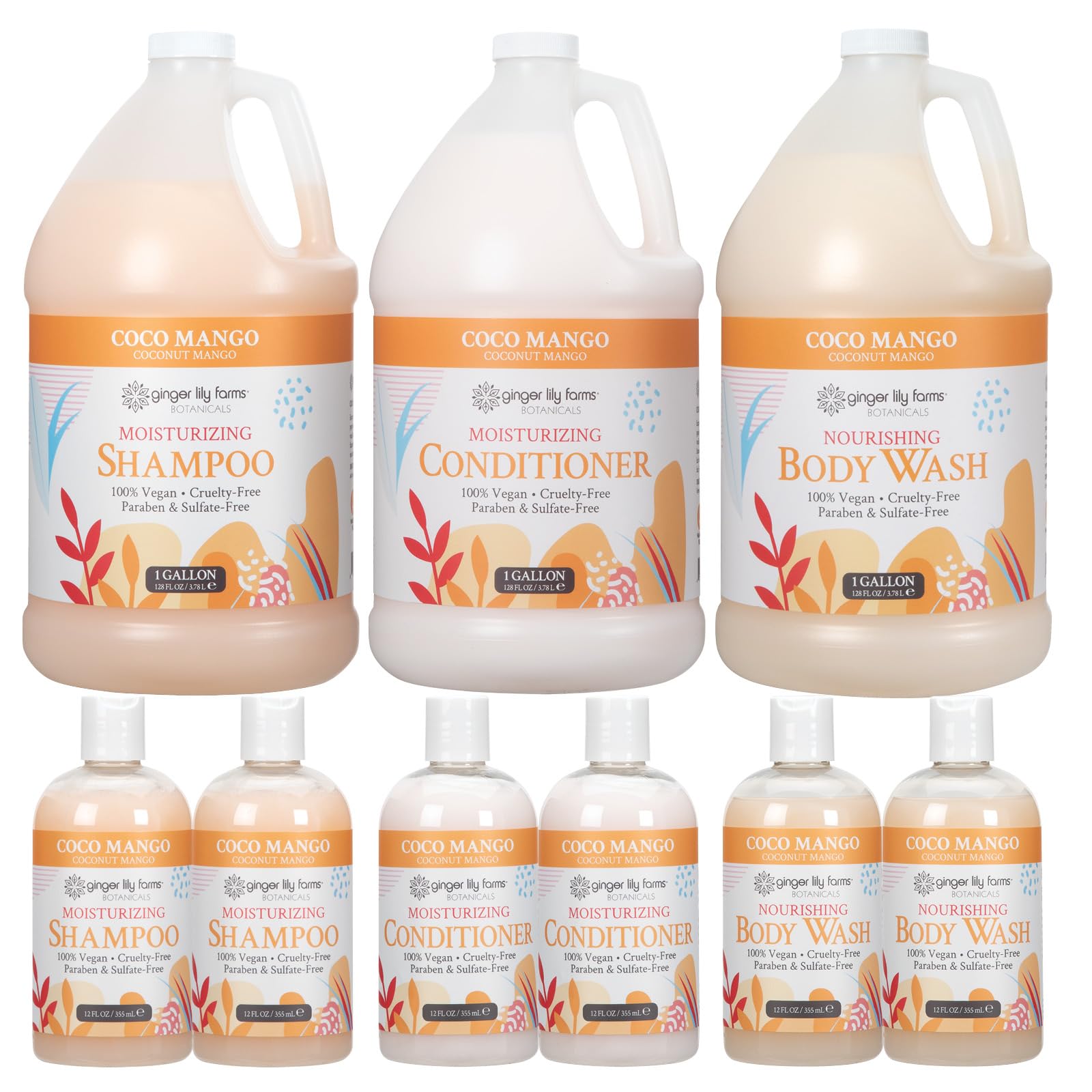 Ginger Lily Farms Botanicals Hospitality Kit, Coco Mango, 9-Pc Set Includes Shampoo, Conditioner & Body Wash, 100% Vegan & Cruelty-Free, Coconut Mango