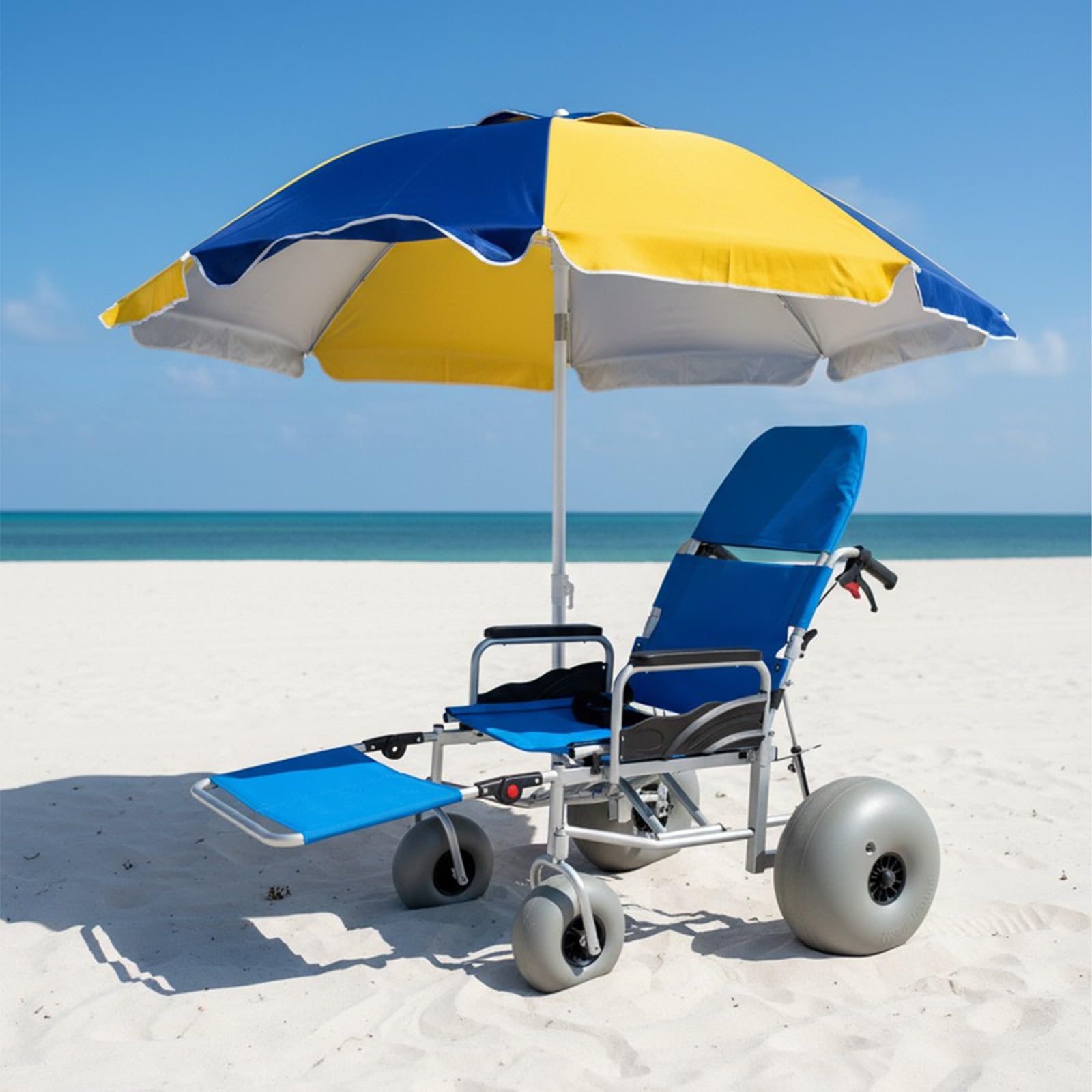 Silla De Ruedas Playa Con Neumáticos Tipo Globo, Todo Terreno, Respaldo Reclinable Y Reposapiés Ajustable, Capacidad 220 Libras, Fácil Desmontaje, Perfecta For Arena Suave Uso En Exteriores