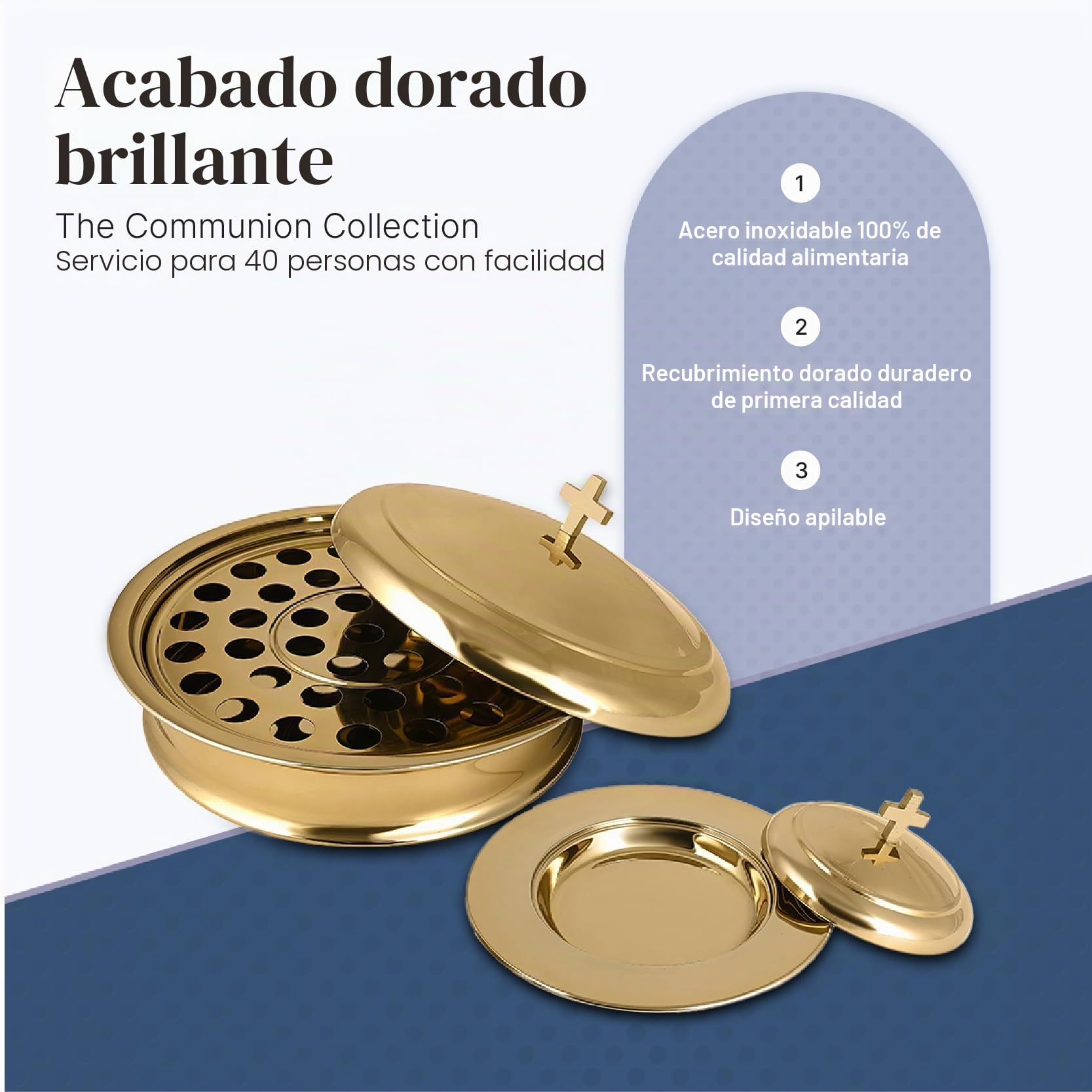Communion Ware - Bandeja para servir vino sagrado con tapa y plato apilable para pan con tapa, acero inoxidable (latón/dorado brillante)
