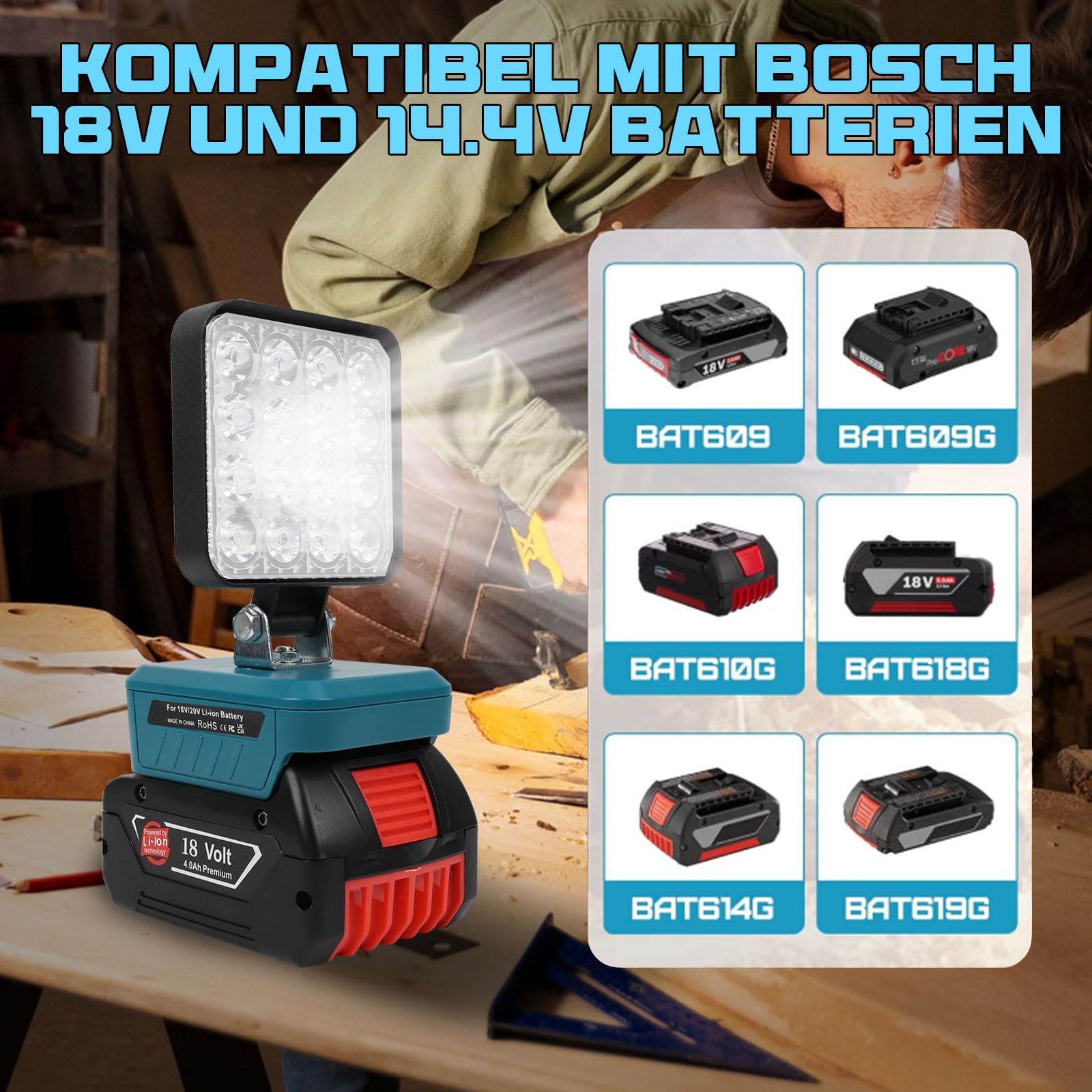 Lámpara a Batería para BOSCH 18V, 48W 3800Lm, Luz de Trabajo LED Inalámbrica con Puerto de Carga USB y Type C, Luces de Trabajo Portátiles Recargables, Foco LED Bateria, Foco de Trabajo LED para Obras