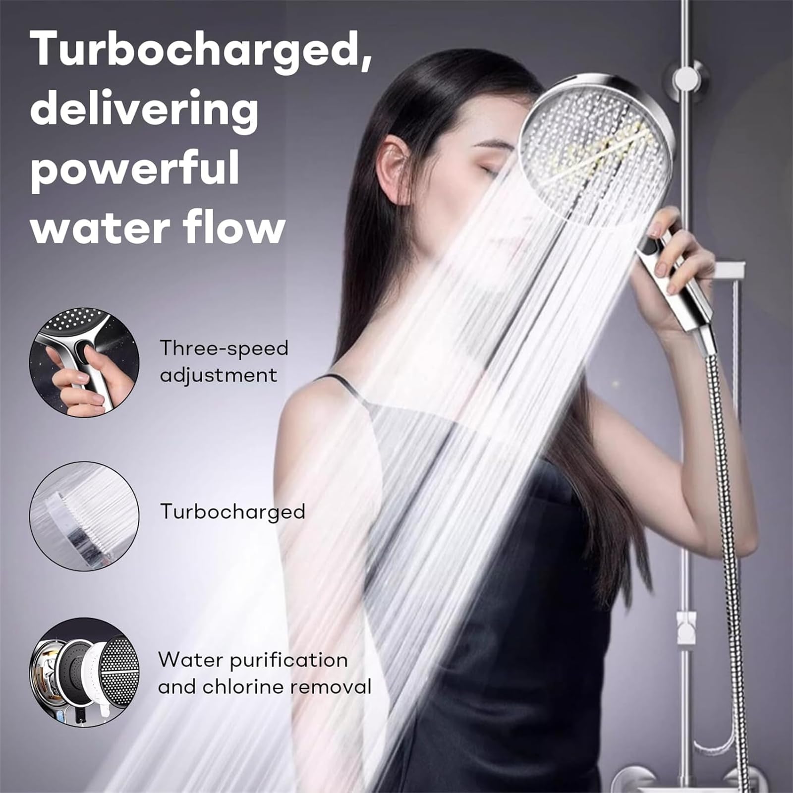 HydroEase wysokociśnieniowa ręczna głowica prysznicowa, 15 cm, 4 tryby natrysku, elastyczny wąż, regulowany uchwyt, samoczyszcząca silikonowa dysza, łatwa instalacja bez użycia narzędzi, szara
