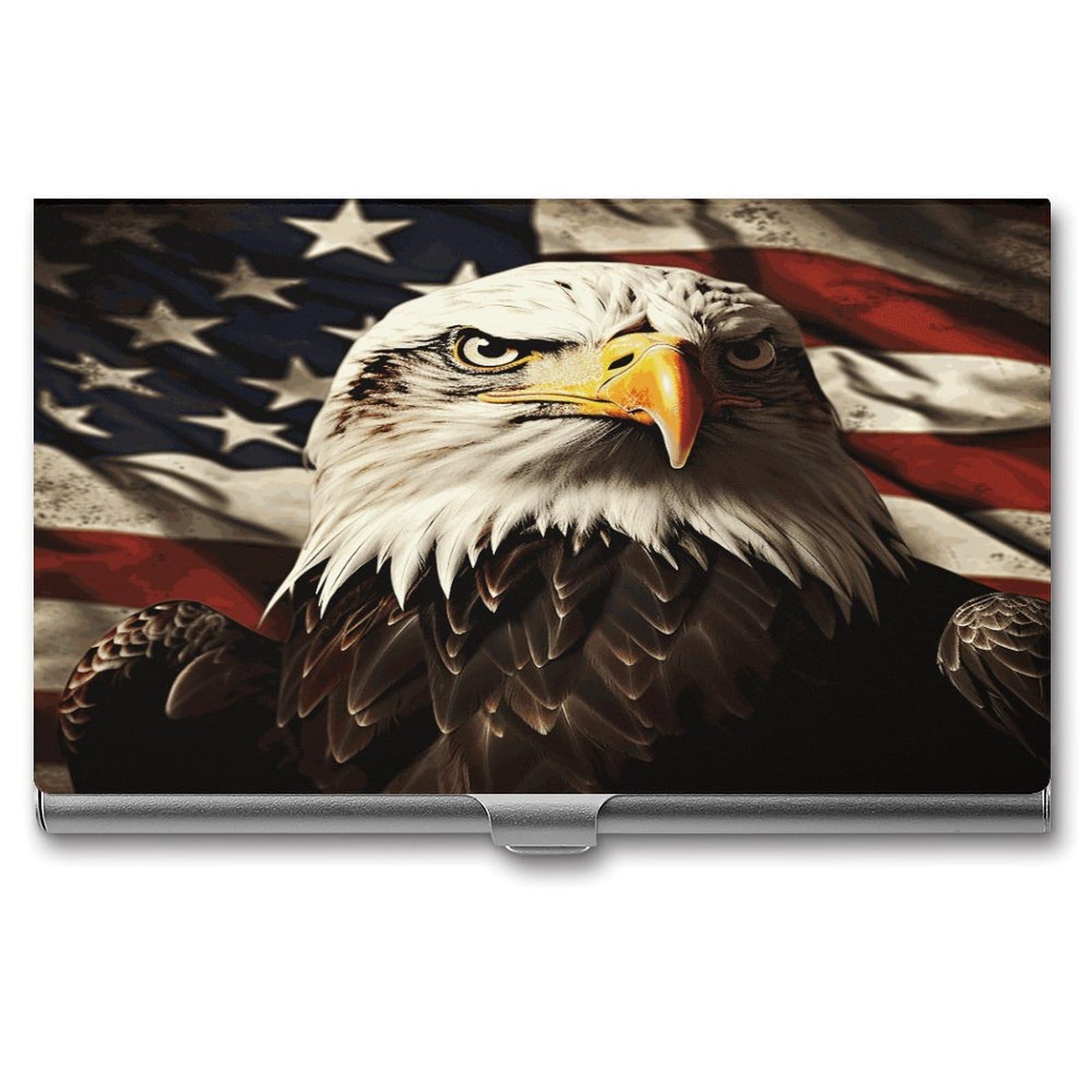 LZQPOEAS Bald Eagle Flag Veterans Business Card Holder Aluminum Alloy Flip Cover Slim Name Cards Case Lightweight Business Name Card Holder Case Portable Purse Name Cards Holder