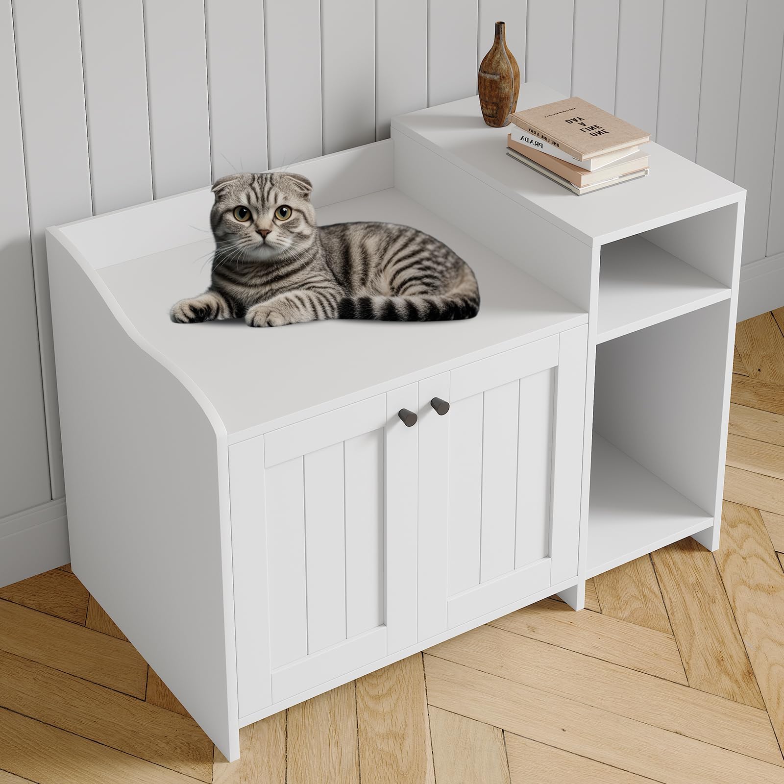 Mueble Ocultador De Arenero Gato – Aislante De Olores – Diseñado para Areneros Abiertos – Mesa Auxiliar De Madera con Estantería – para Gatos Grandes y Compatible con La Mayoría De Areneros