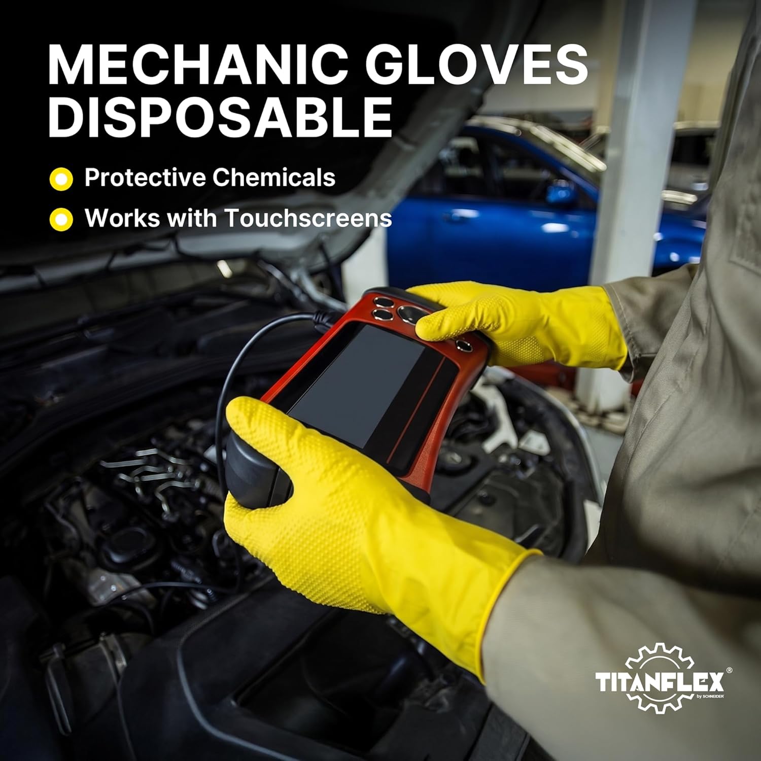 TitanFlex Heavy Duty Industrial Nitrile Gloves with Raised Diamond Texture, 6-mil, Latex Free (Yellow)