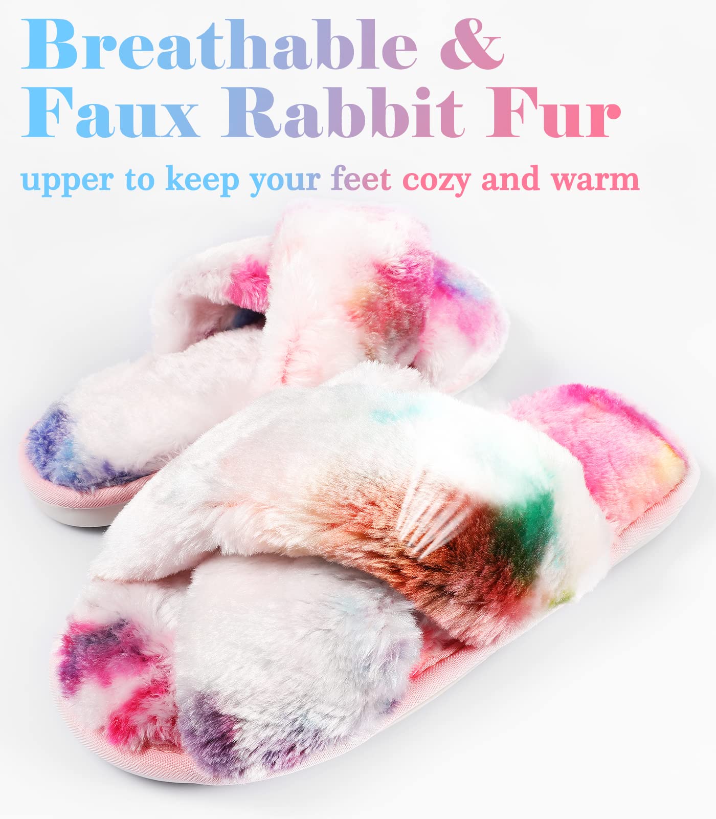 Ankis Womens Fuzzy Slippers Memory Foam Cross Band Cozy House Slippers Plush Home Fluffy Furry Slippers Open Toe Cute Soft Ladies Indoor Outdoor Slipper Slides Wedding Bride Shoes Gifts: 5-6 Rainbow