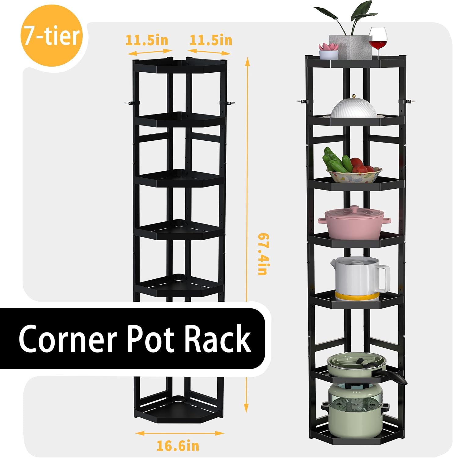 7-Tier Multifunctional Adjustable Pan & Pot Rack for Kitchen, Pan Organizer, Pot Organizer Organization & Storage, Pot Lid Organizer (Corner 7-tier wall mount)