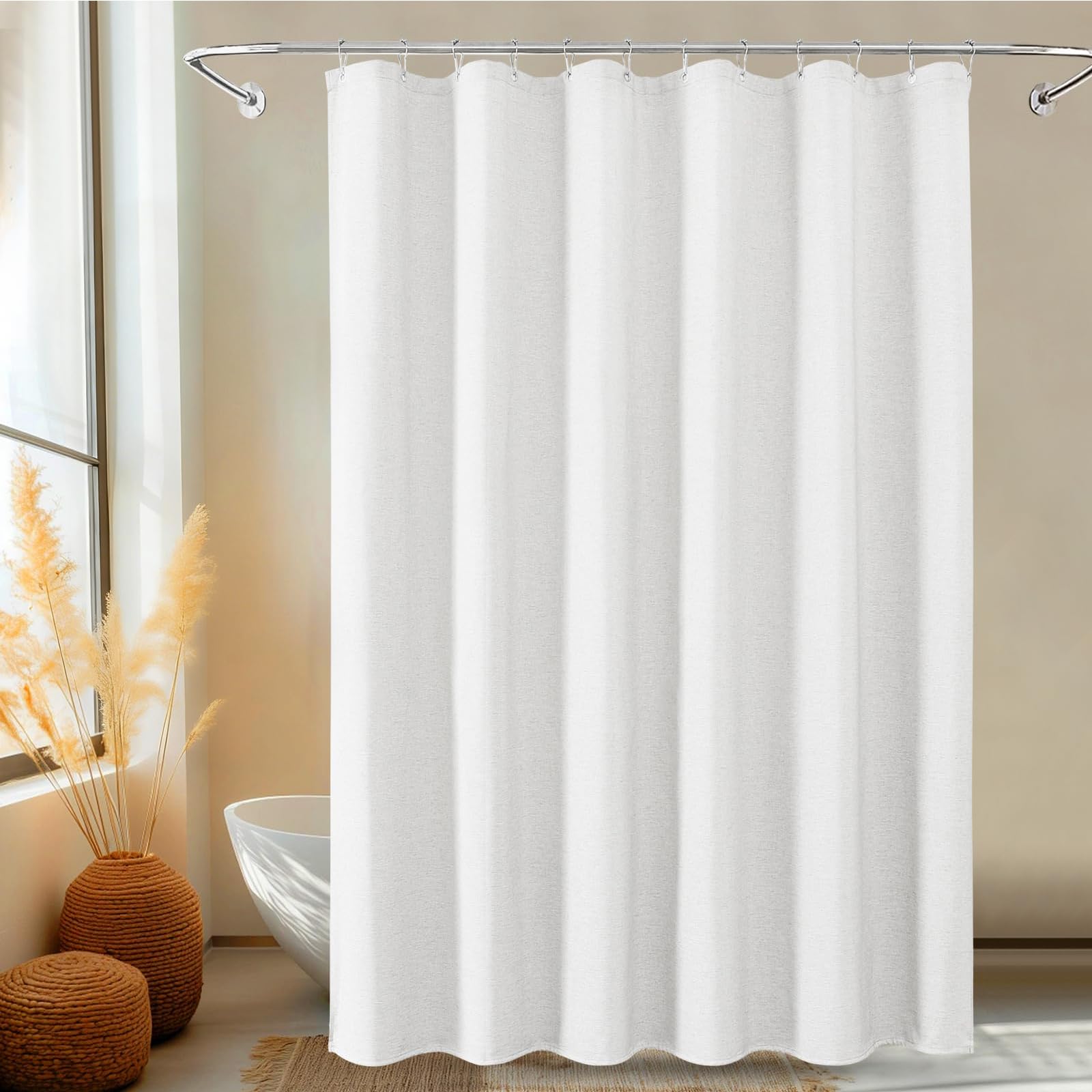 FY&XZH Shower Curtain, Heavy-Duty Linen-Texture Fabric Shower Curtain, Extra Soft Double-layer waterproof Shower Curtains With Smart Function Stainless Steel Hooks for Bathroom, 153 x 214cm (White)