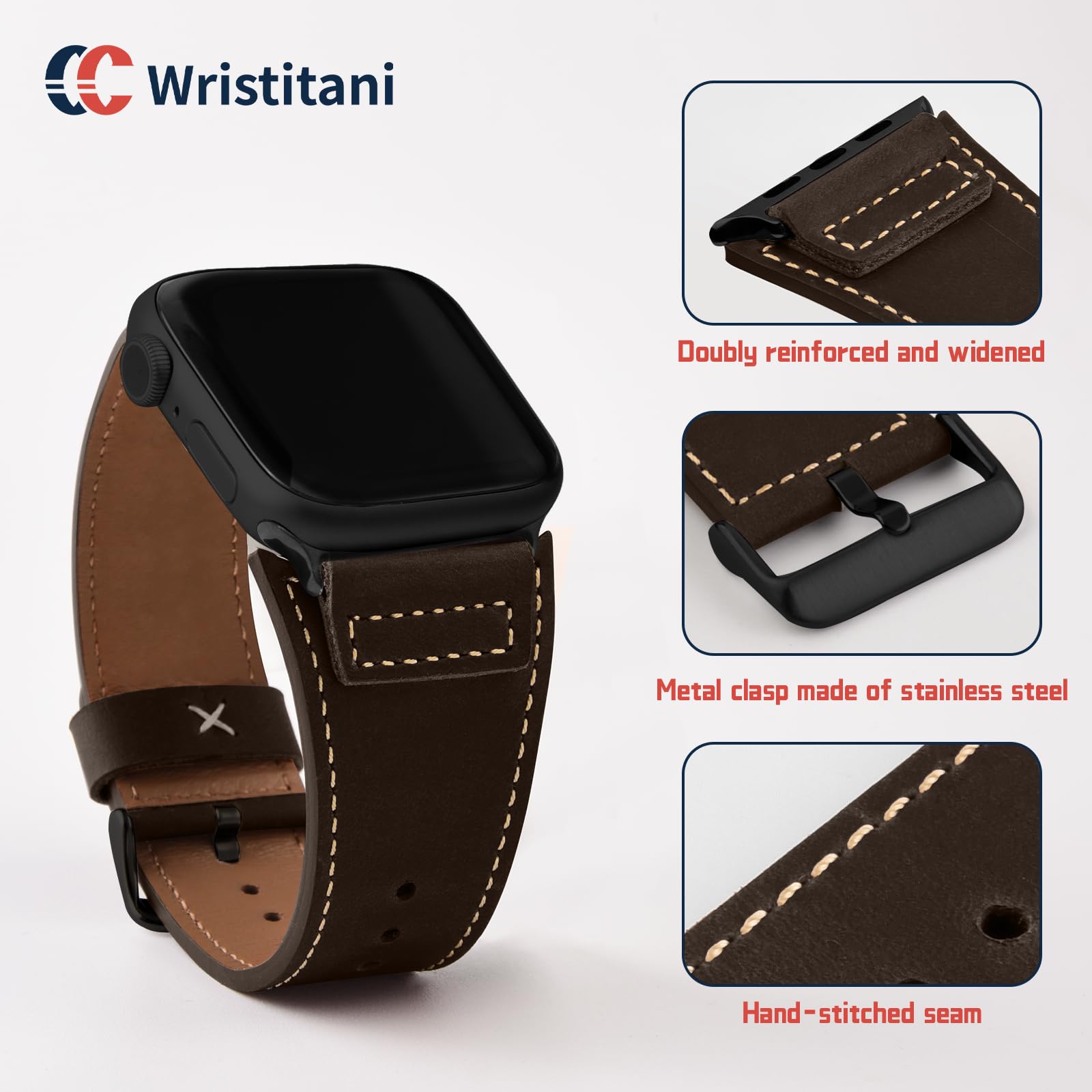 Wristitani Leather Strap Compatible With Apple Watch Straps 44mm 45mm 46mm 49mm for Men Replacement Band for iWatch Ultra 3/2/1 Series 11 10 9 8 7 SE3 SE2 SE 6 5 4 3 2 1,Dark coffee/Black Buckle - Image 2