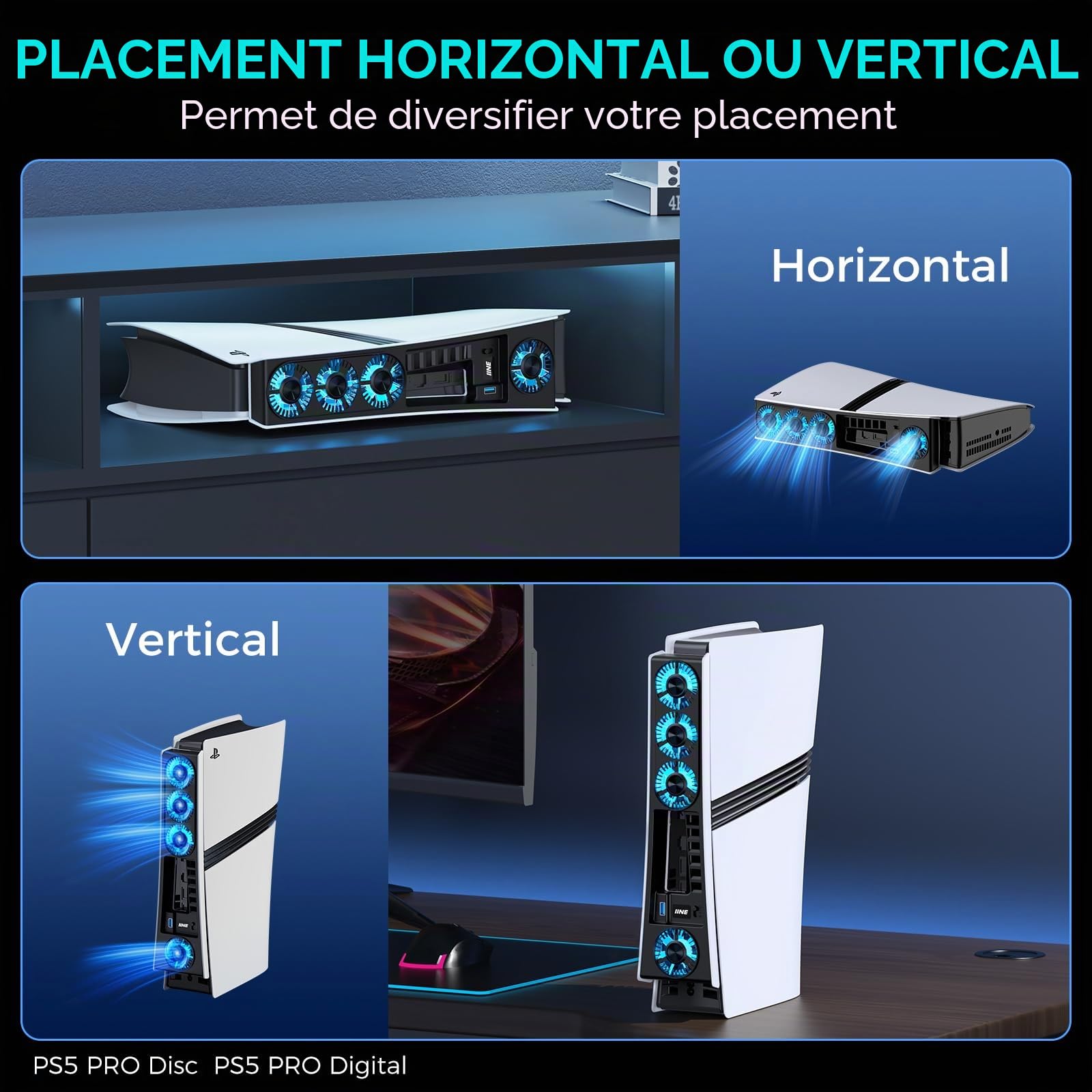 Ventilateur de refroidissement pour PS5 Pro, ventilateur de refroidissement efficace avec vitesse réglable/lumière LED, accessoires de refroidissement à température contrôlée PS5 PRO avec port USB 3.0