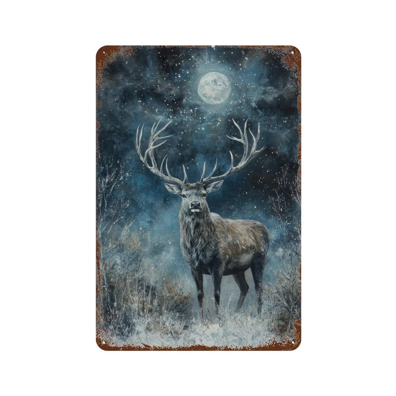 Stag in Moonlight Dark Academia Decor Enchanted Wildlife Mystical Woodland Illustration Wall Decor Art Metal Tin Poster Modern Home Decor Art Home Bar Shop Decorations Vintage Sign 30x20cm