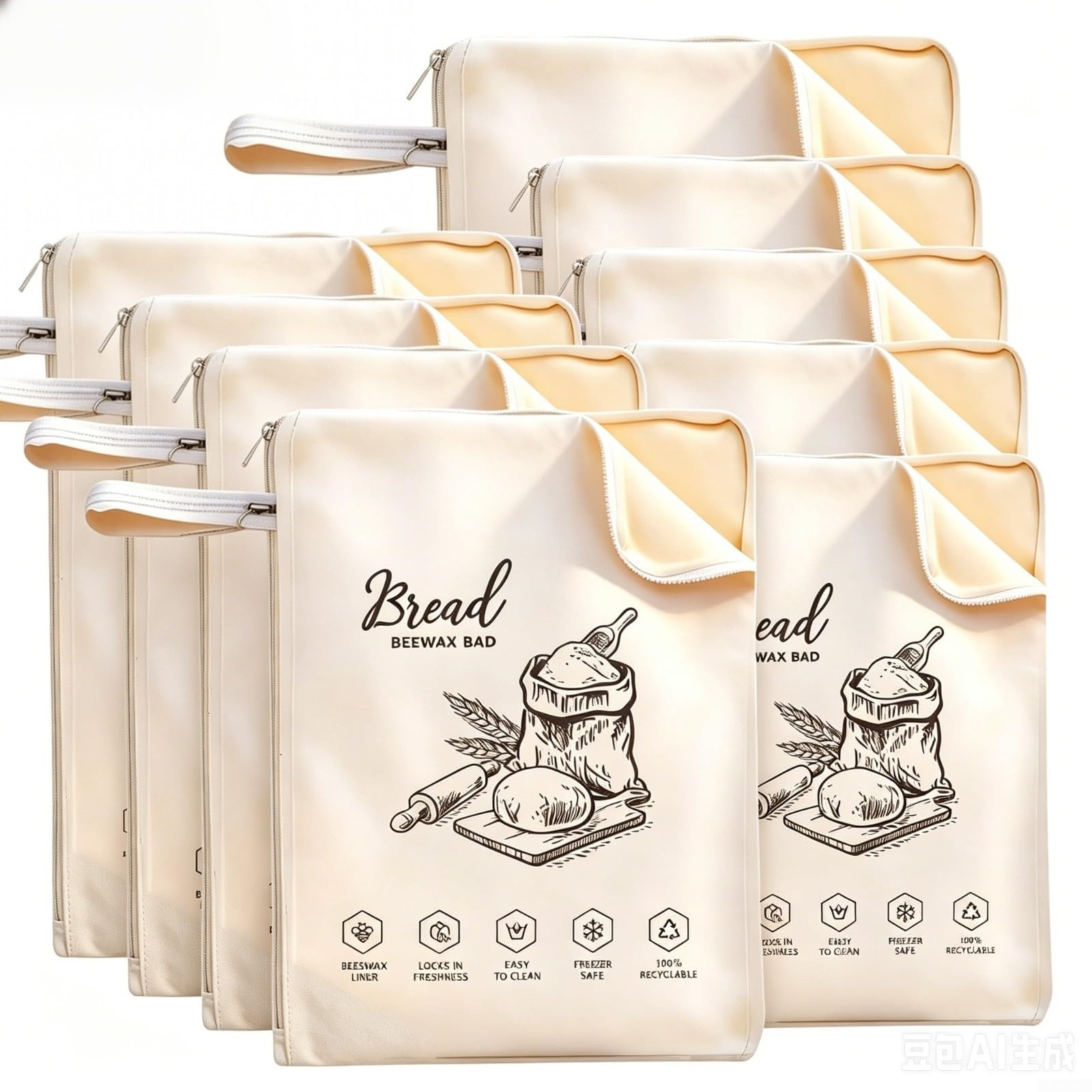 Wiederverwendbare Bienenwachs-Baumwoll-Brotbeutel für hausgemachtes Brot, hält frisch (10 Stück)