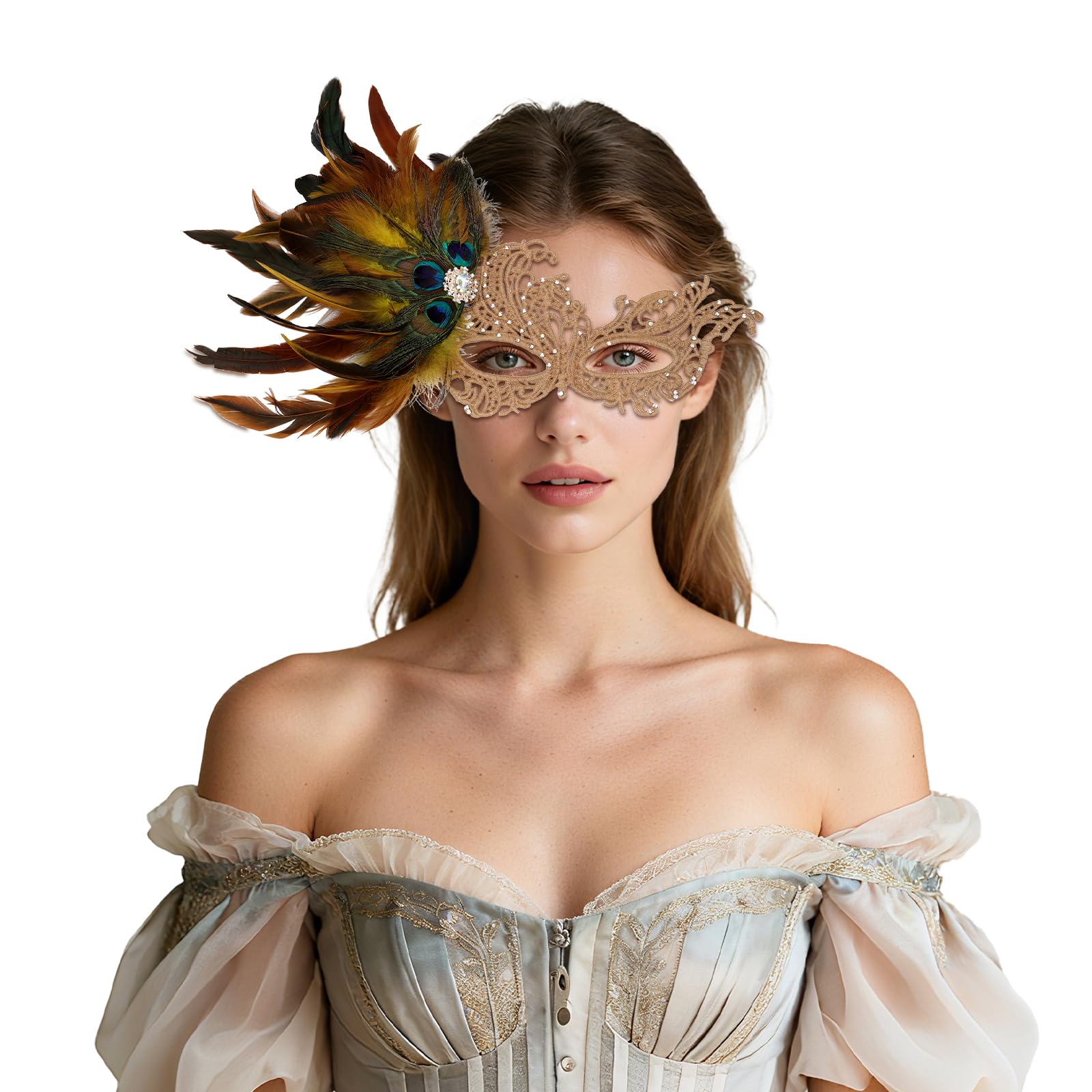 Oidea Feather Masquerade Mask for Women: Elegant Rhinestone Lace Half Face Party Mask Venetian Mardi Gras Masks Halloween Cosplay Prom Ball Costume Accessory Yellow