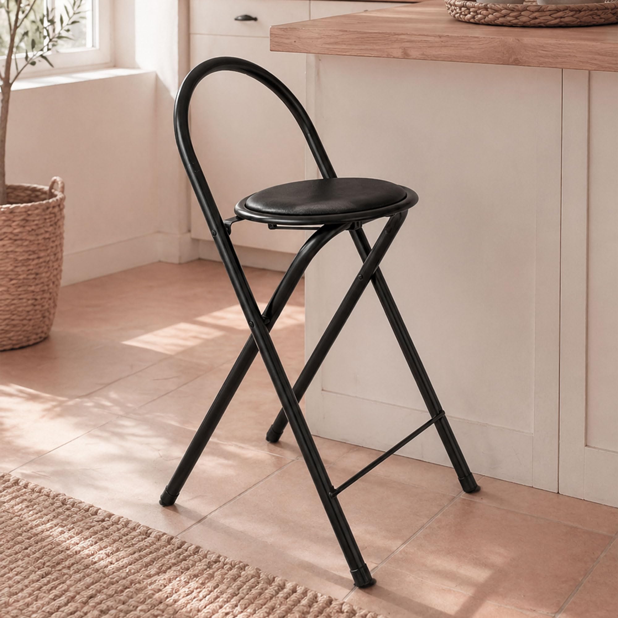 THE SECRET HOME Taburete Plegable de Cocina - Asiento Acolchado - Estructura de Metal - Apto para Interior y Exterior - Negro - Pack de 4