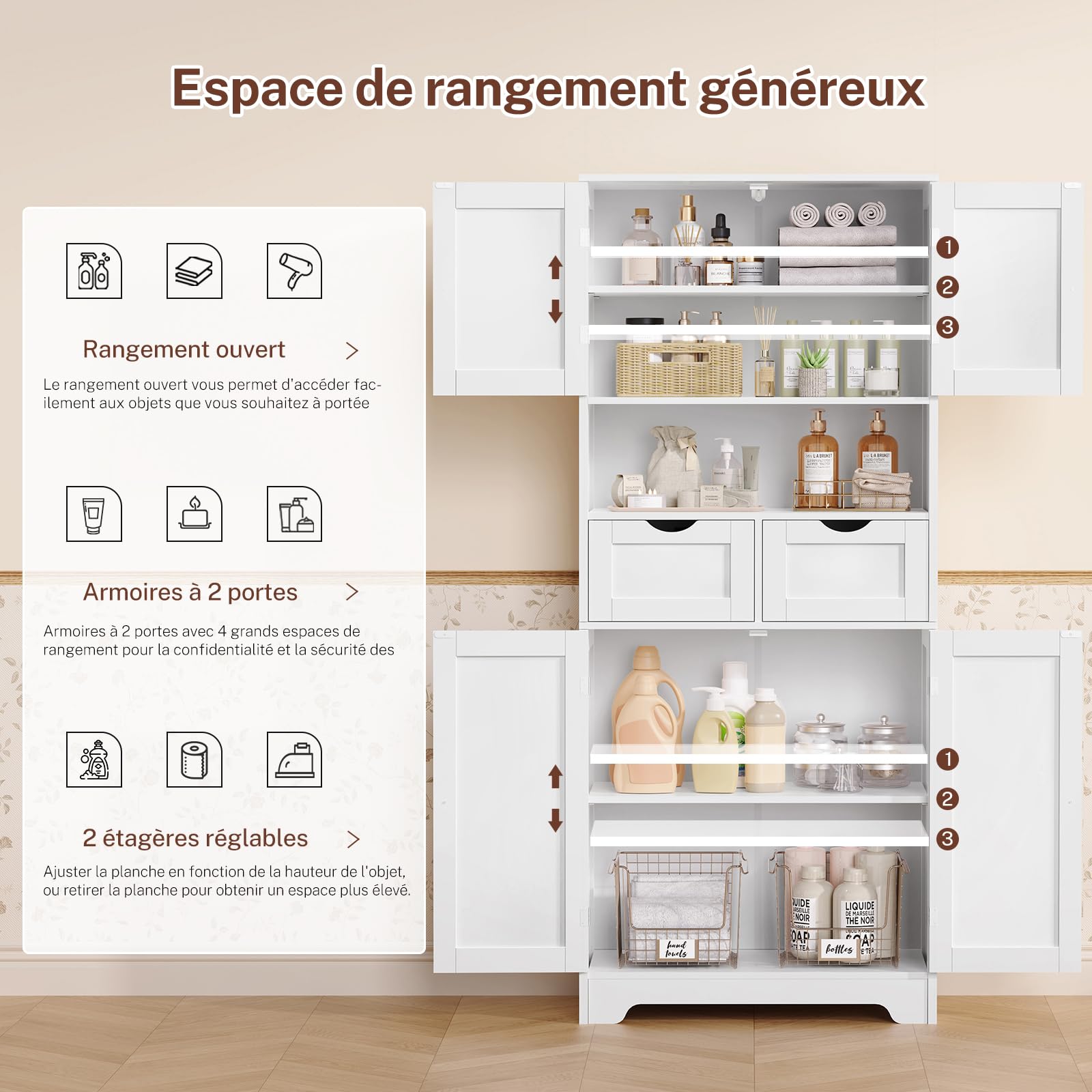 TEENFON Meuble de Salle de Bain avec 4 Portes, Armoire de Rangement Colonne avec 2 Étagères Réglables et 2 Tiroirs, 60x30x147 cm, Blanc