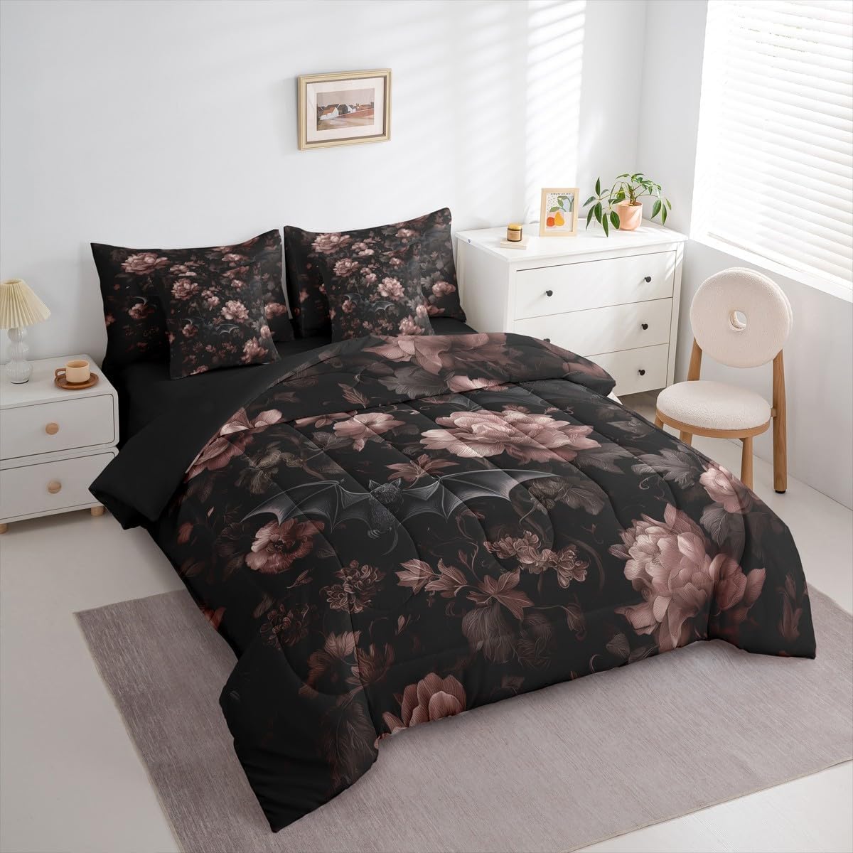 Erosebridal Gothic 7 Pcs Bedding Set Queen for Home, Goth Halloween Decor Comforter Set with Sheets for Kids Teens Women Men, Gothic Bat Black Floral Bed in A Bag, Vintage Victorian Baroque Bed Sets