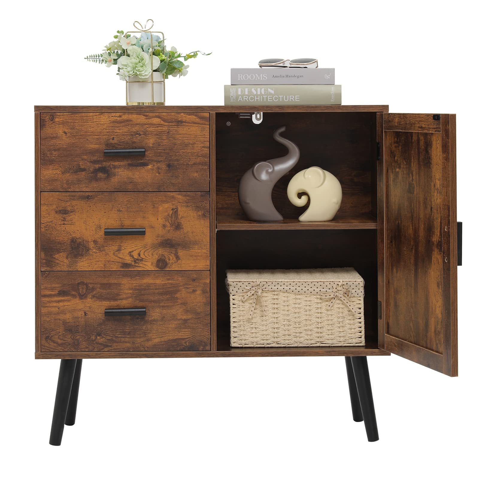 WEENFON Mid Century Storage with 3 Drawers & Door, Floor
