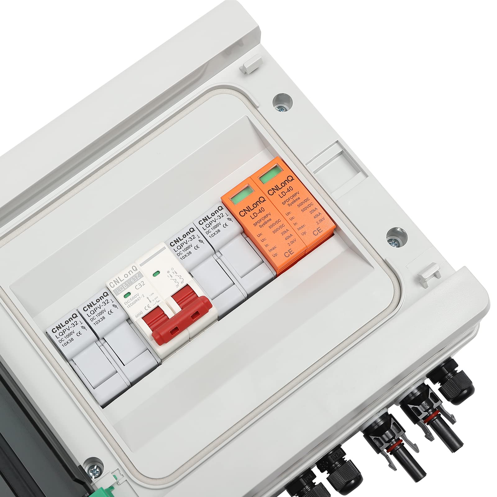 Zabezpieczenie przeciwprzepięciowe PV 500 V, 32 A, skrzynka przyłączeniowa solarna, klasa wodoszczelności IP65, 2 w 1, do instalacji fotowoltaicznych, do instalacji fotowoltaicznych, RV i falowników