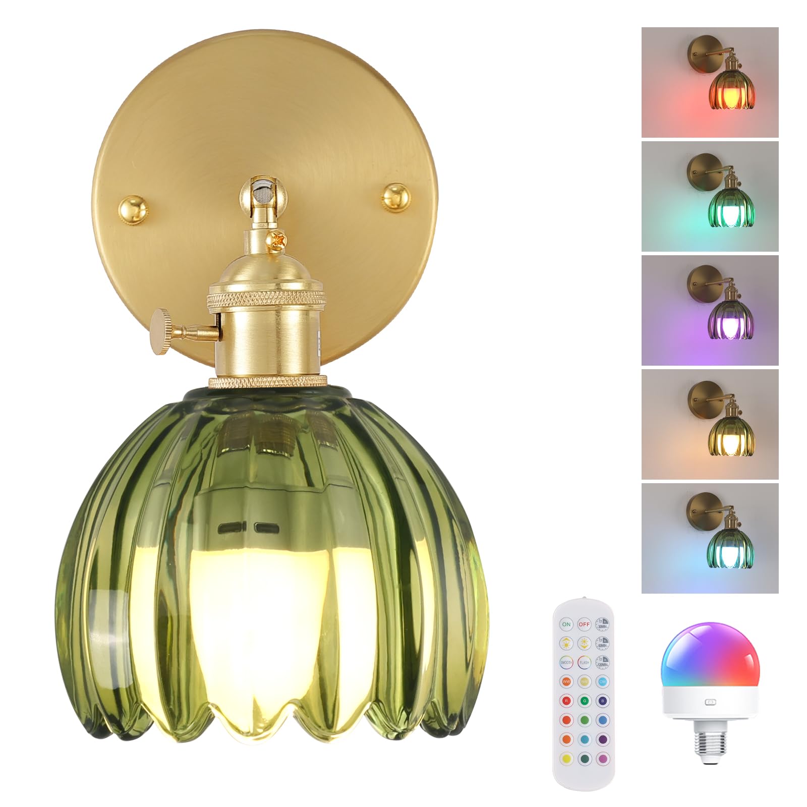 Vintage Battery Operated Wall Sconce, Rechargeable Wall Lamp with Remote Control & 12 RGB Colors - 3 Adjustable Color Temperatures, Dimmable Wireless Wall Lights for Bedroom Bathroom (Green Tulip)